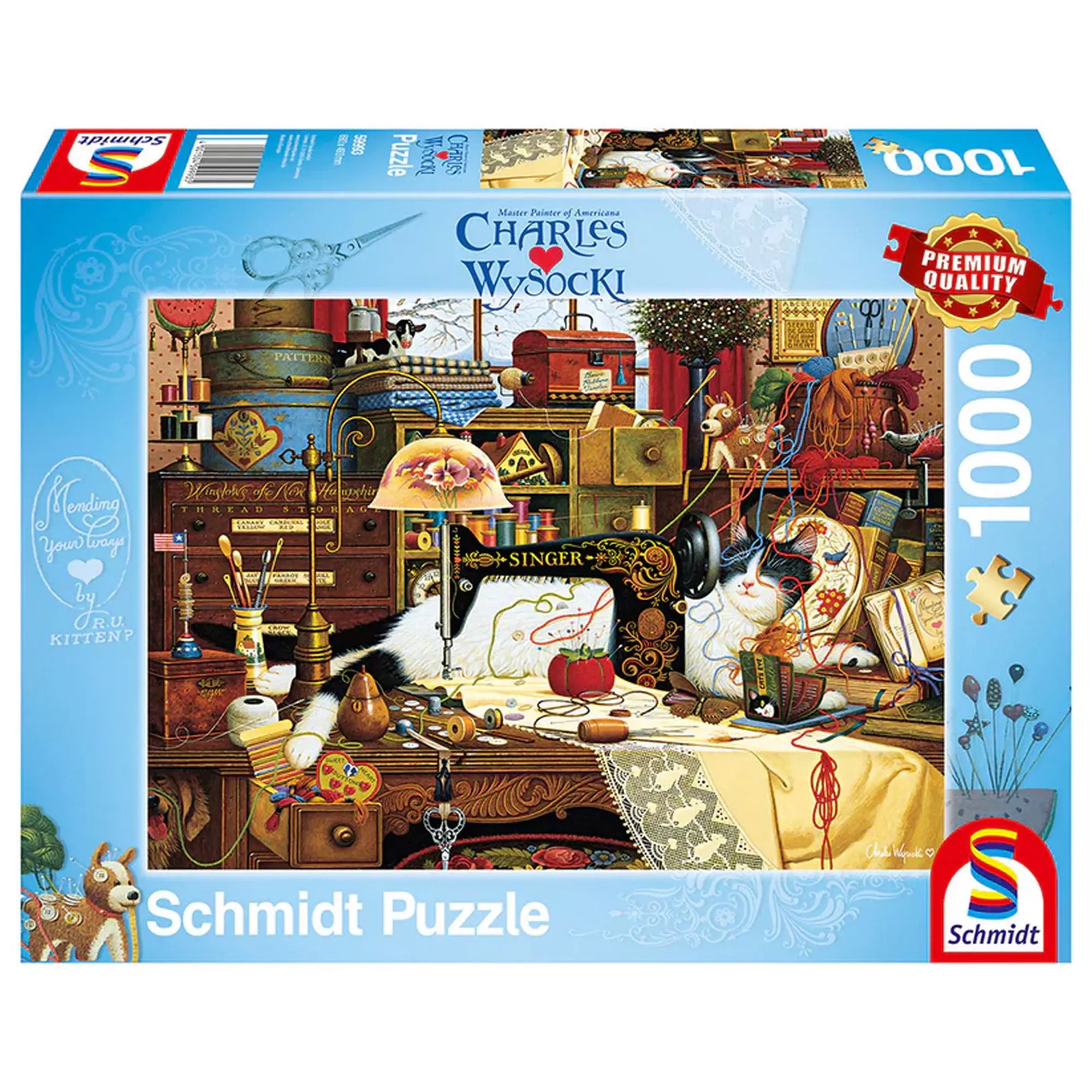 A Puzzle Schmidt Charles Wysocki: Maggie the Messmaker 1000 darabos kirakó doboza, amely egy részletgazdag, vintage varróműhelyt ábrázol, benne két fehér-fekete macskával és egy Singer varrógéppel.