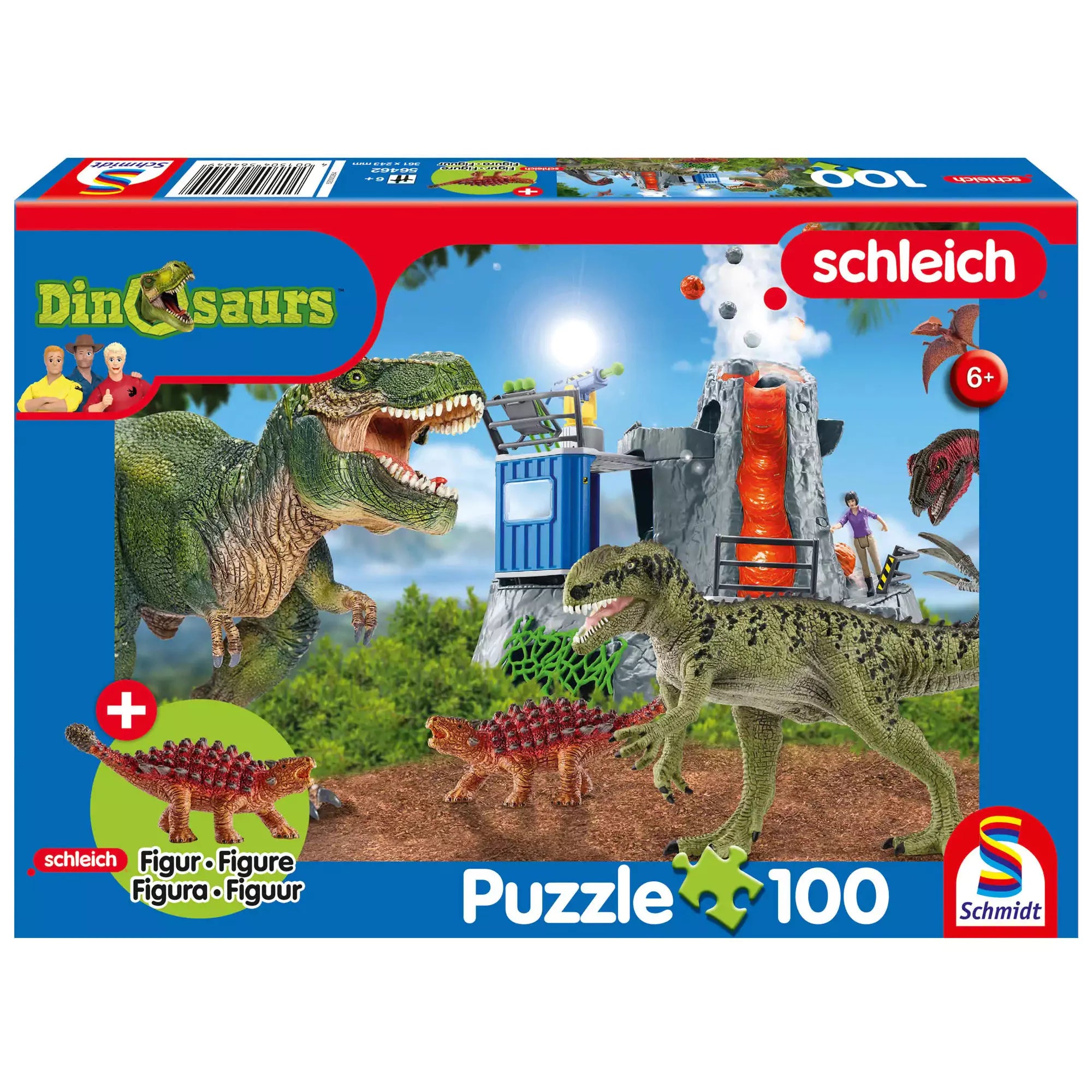A képen a Schmidt 100 darabos „Dinosaurs from Prehistoric Times” puzzle doboza látható, amely izgalmas, vulkánkitöréses jelenetet ábrázol dinoszauruszokkal és felfedezőkkel. A készlet egy különleges Saichania figura játékot is tartalmaz, amely még élvezetesebbé teszi az összeállítást a dinoszauruszrajongó gyerekek számára.