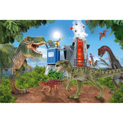 A képen egy izgalmas dinoszauruszos jelenet látható, amely egy vulkánkitörés közepén játszódik. A különböző dinoszauruszok – köztük egy T-Rex, egy Saichania és más ragadozók – életre kelnek a háttérben feltörő láva és a kutatóállomás mellett. Ez a jelenet a Schmidt 100 darabos, „Dinosaurs from Prehistoric Times” puzzle része, amely kalandos világot varázsol a gyerekek elé.