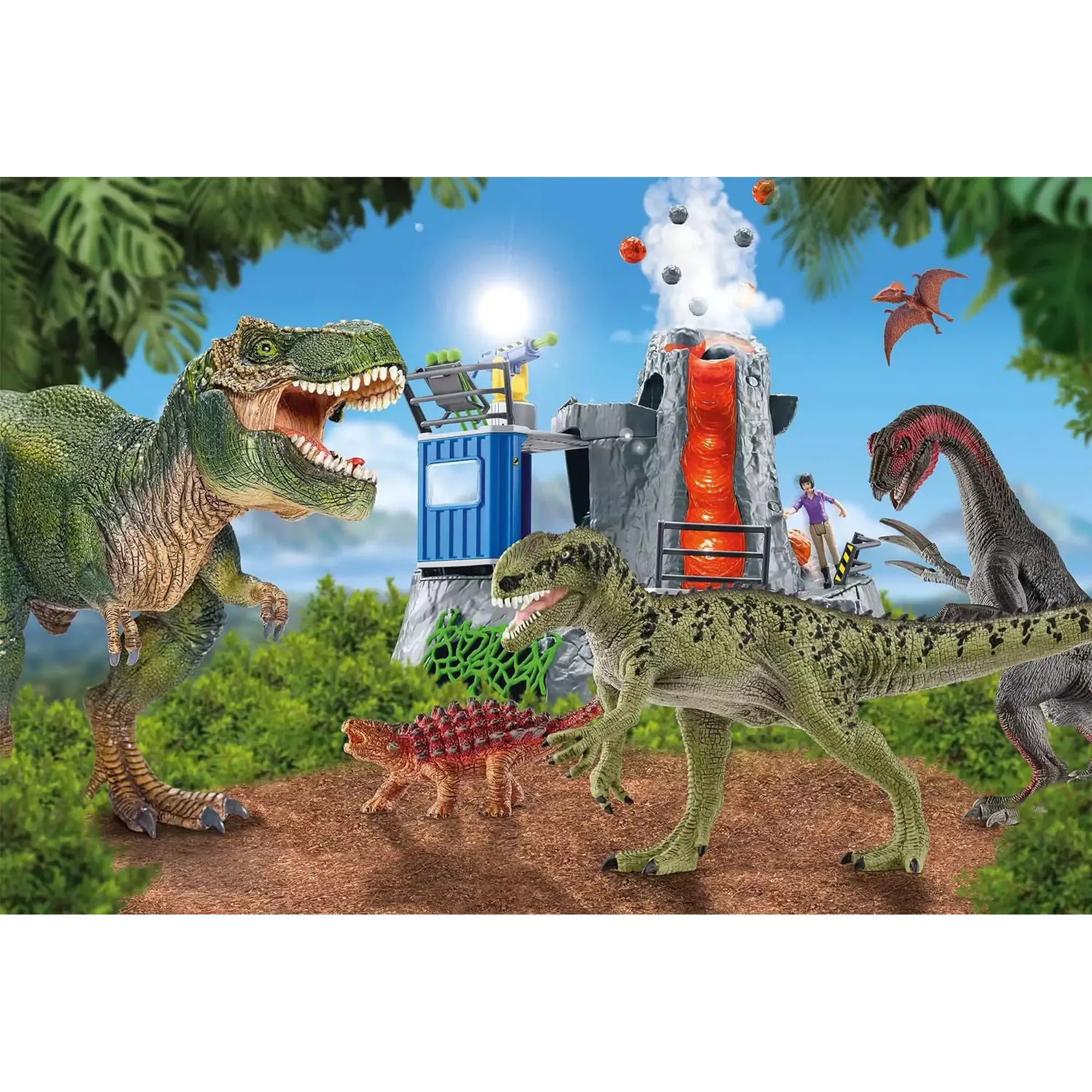 A képen egy izgalmas dinoszauruszos jelenet látható, amely egy vulkánkitörés közepén játszódik. A különböző dinoszauruszok – köztük egy T-Rex, egy Saichania és más ragadozók – életre kelnek a háttérben feltörő láva és a kutatóállomás mellett. Ez a jelenet a Schmidt 100 darabos, „Dinosaurs from Prehistoric Times” puzzle része, amely kalandos világot varázsol a gyerekek elé.