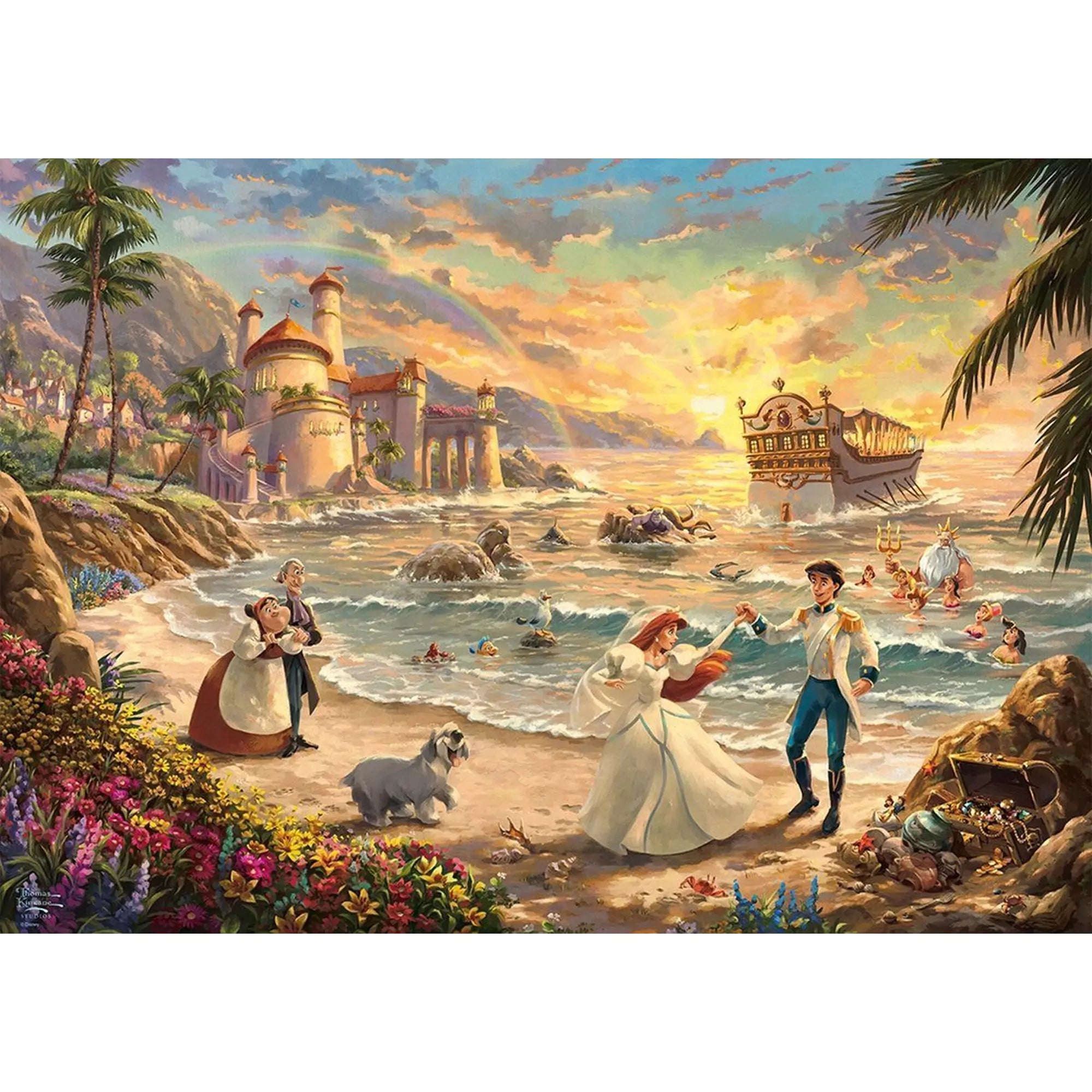 Ez a lenyűgöző puzzle A kis hableány varázslatos világát idézi meg, ahol Ariel és Eric herceg boldogan táncolnak a tengerparton. A Thomas Kinkade stílusú illusztráció meleg színekkel és aprólékos részletekkel kelti életre a mesét, miközben a háttérben a szivárvány és a hullámok között Triton király és a vízi barátok is feltűnnek. Ideális választás minden Disney-rajongónak és puzzle-kedvelőnek.