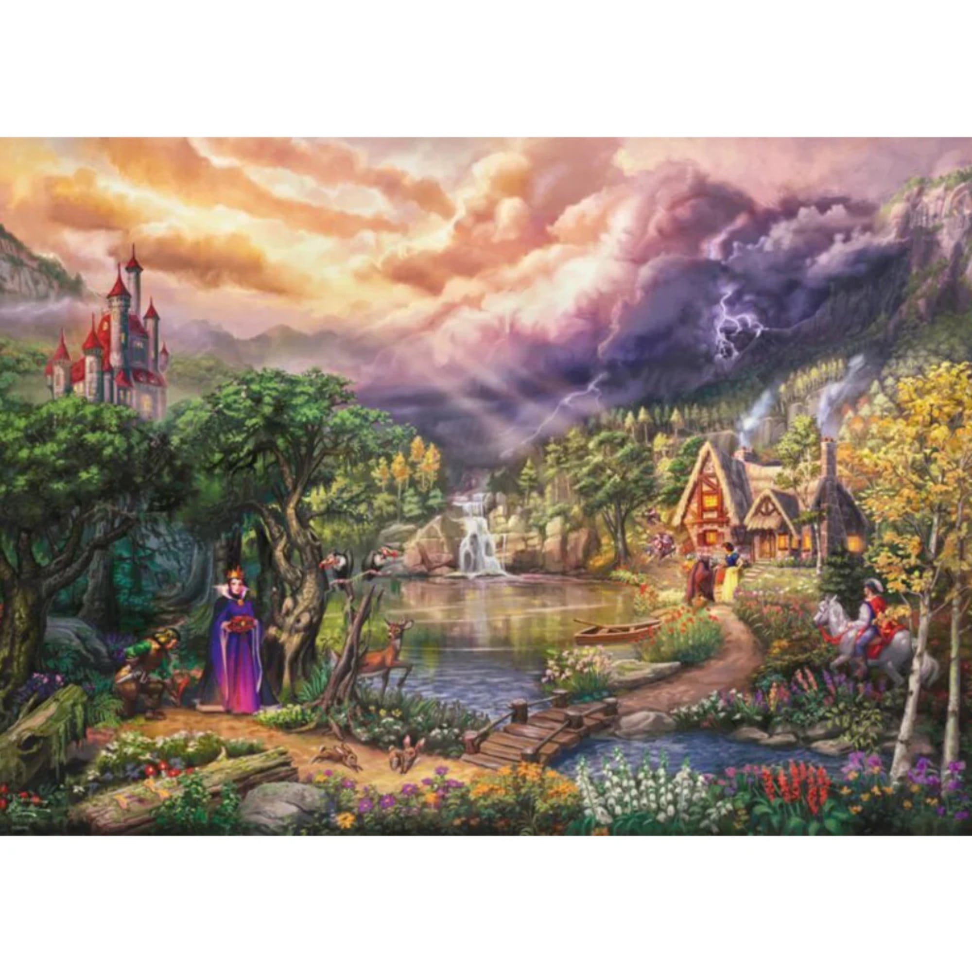 A Puzzle Schmidt Disney – Hófehérke és a királynő kirakott képe Thomas Kinkade stílusában, tündérmesei részletekkel.