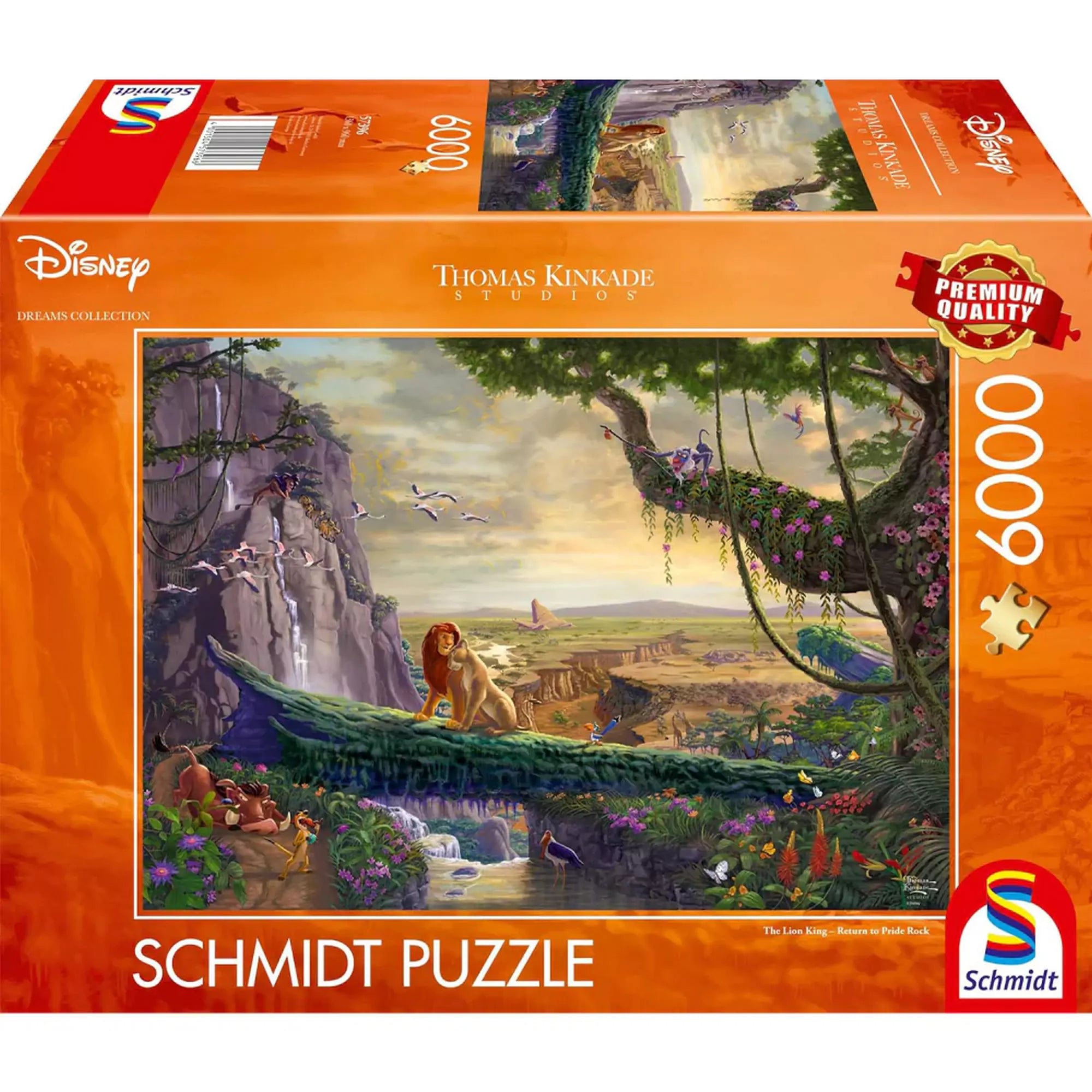 A képen a Schmidt Puzzle Disney – The Lion King: Return to Pride Rock doboza látható. Ez egy prémium minőségű, 6000 darabos puzzle, amely Thomas Kinkade ikonikus, részletgazdag illusztrációját ábrázolja az Oroszlánkirály világáról. A doboz élénk narancssárga színe és a „Premium Quality” jelzés kiemeli a termék különlegességét.