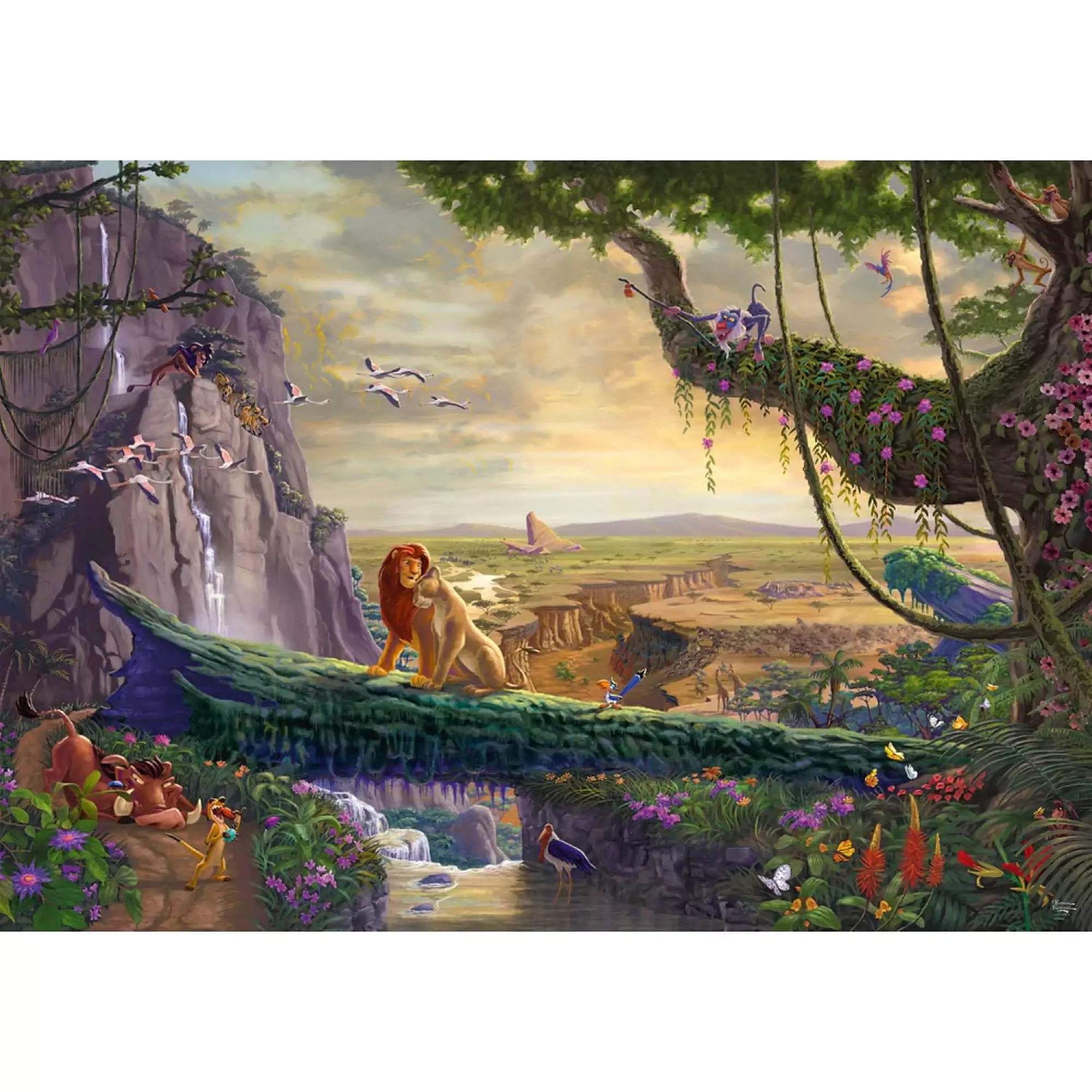 A képen a Schmidt Puzzle – The Lion King: Return to Pride Rock kirakó teljes képe látható. Thomas Kinkade varázslatos illusztrációja eleveníti meg az Oroszlánkirály ikonikus jelenetét: Simba büszkén áll a Szikla ormán, míg körülötte színes növényzet, vízesés, állatok és a naplementében fürdő táj teszi teljessé az epikus pillanatot.