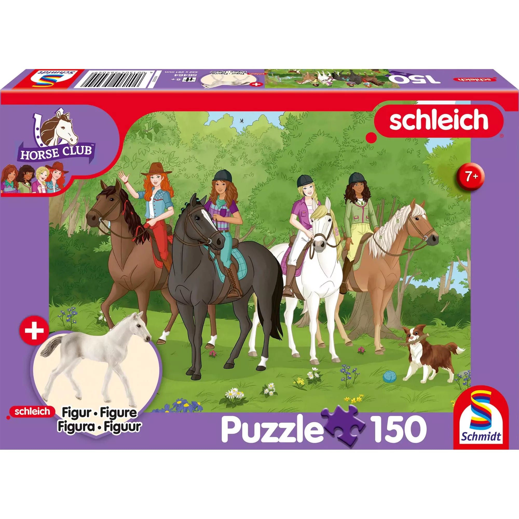 A képen a Horse Club lovas puzzle doboza látható, amely 150 darabos kirakót tartalmaz. A jelenet középpontjában öt barátnő és lovaik szerepelnek, ahogy együtt lovagolnak egy zöld, virágokkal tarkított erdei tisztáson. A kép vidám, színes és barátságos hangulatot áraszt. A csomag egy különleges fehér csikófigurát is tartalmaz, ami még izgalmasabbá teszi a játékot a gyerekek számára.
