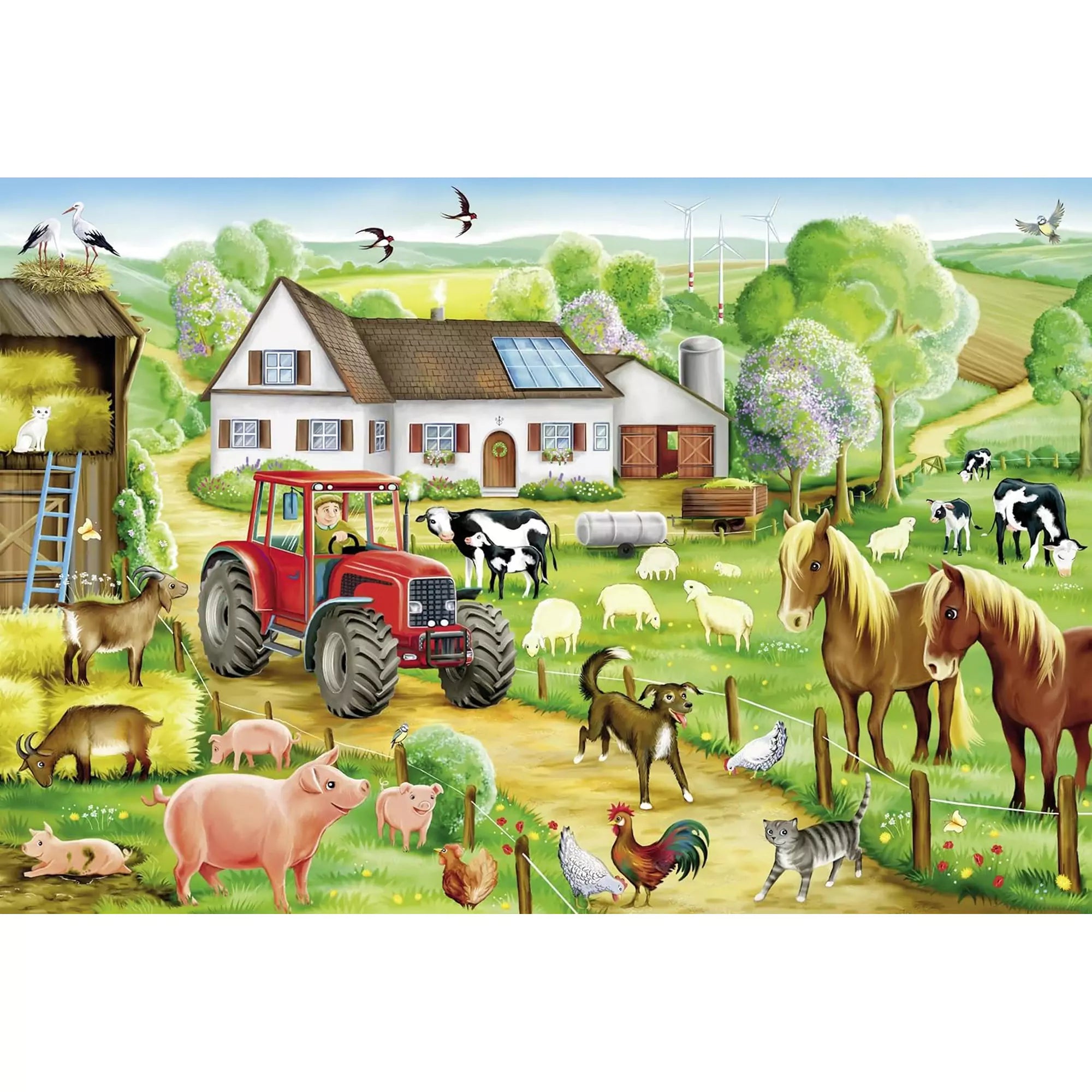 Ez a vidám, színes illusztráció egy nyüzsgő farm életét ábrázolja. A képen állatok, egy traktor, egy bájos vidéki ház és gyönyörű zöld táj látható, amely tökéletesen visszaadja a vidéki gazdaság hangulatát.