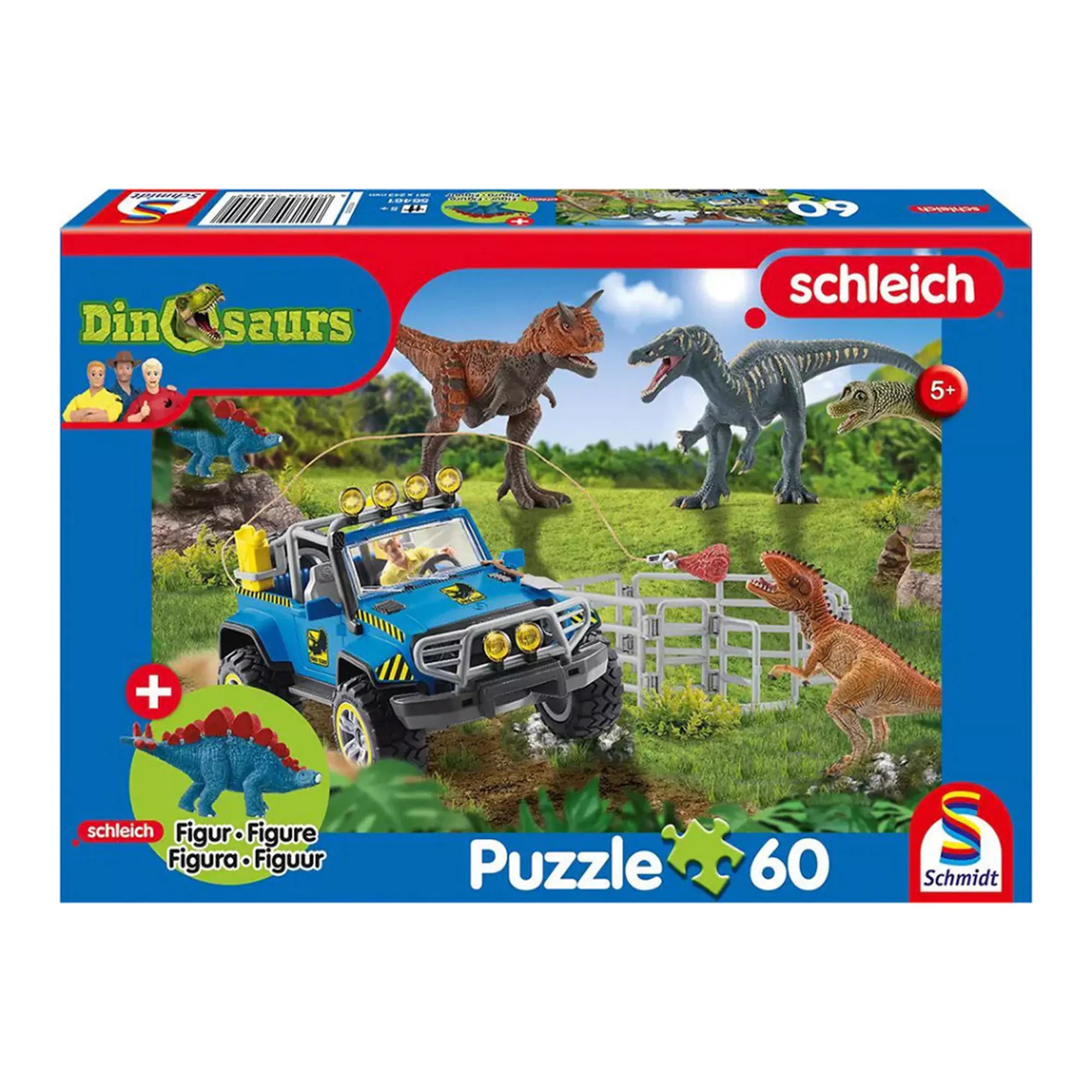 A képen a Schmidt 60 darabos dinoszauruszos puzzle-ja látható, amely egy izgalmas őskori jelenetet ábrázol terepjáróval és különféle dinoszauruszokkal. A csomag tartalmaz egy aranyos Stegosaurus figurát is, így a kirakás élménye még szórakoztatóbbá válik a gyerekek számára.