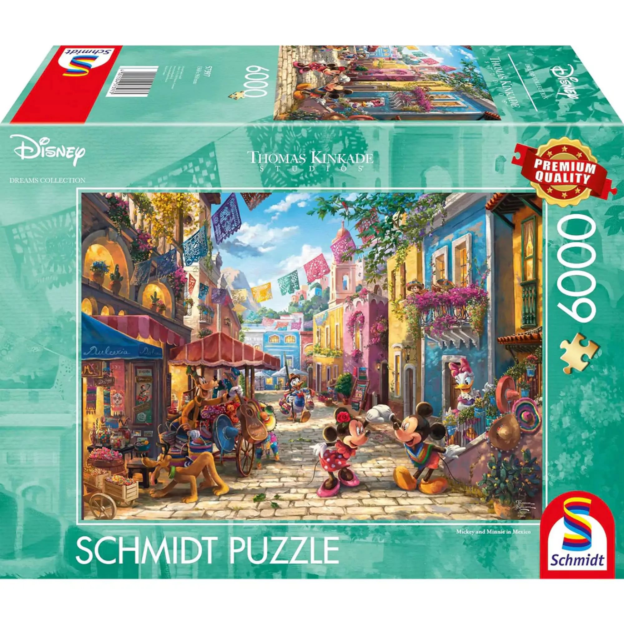 A képen a Schmidt 6000 darabos prémium puzzle-je látható, amely Mickey és Minnie mexikói kalandját ábrázolja Thomas Kinkade varázslatos stílusában. Színes, részletgazdag utcarészlet tárul elénk, tele virágokkal, helyi árusokkal és a Disney ikonikus karaktereivel, akik épp egy hangulatos sétát tesznek a mexikói városkában. Ideális választás minden puzzle-rajongónak és Disney-kedvelőnek.