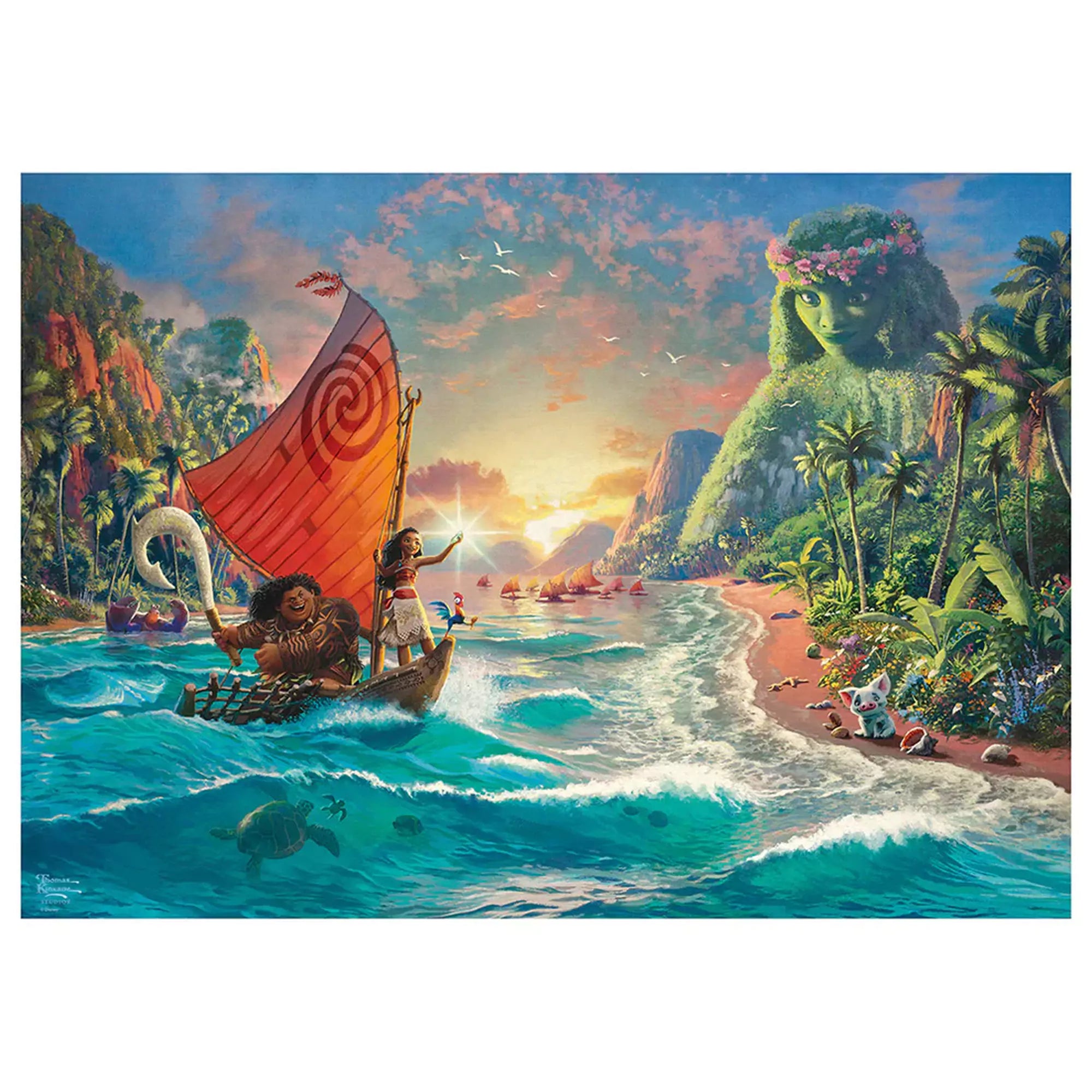 Ez a gyönyörű puzzle a Disney Moana varázslatos világát ábrázolja, ahol Moana és Maui együtt szeli a hullámokat egy trópusi tájon. A Thomas Kinkade által ihletett részletgazdag kép életre kelti az óceán és a szigetek misztikus szépségét, miközben a háttérben Te Fiti figyeli hőseink útját.