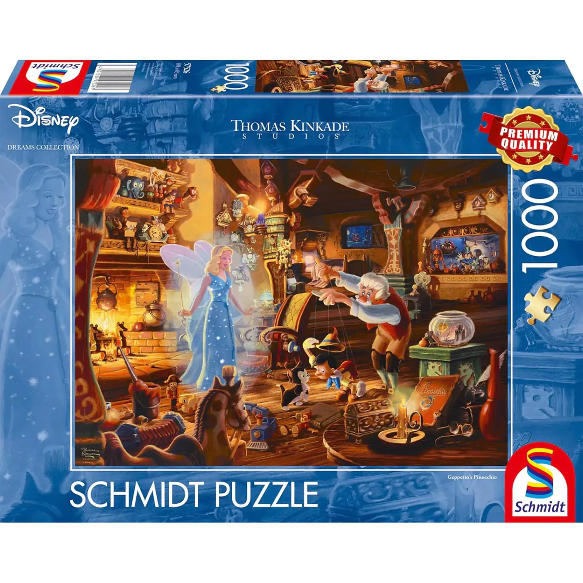 A képen a Schmidt Thomas Kinkade Disney Pinokkió 1000 darabos puzzle doboza látható. A borítón Dzsepettó műhelyének varázslatos jelenete elevenedik meg, ahol a Kék Tündér épp életre kelti Pinokkiót. A részletgazdag illusztráció mesés hangulatot áraszt, tökéletes választás minden Disney-rajongónak és puzzle-kedvelőnek.
