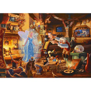 A képen Pinokkió varázslatos születésének pillanata látható Thomas Kinkade festményén. A jelenet Dzsepettó műhelyében játszódik, ahol a Kék Tündér életet lehel a kis fabábuba. A meleg színek és a részletgazdag berendezés igazi mesebeli hangulatot idéznek, tele szeretettel és varázslattal.
