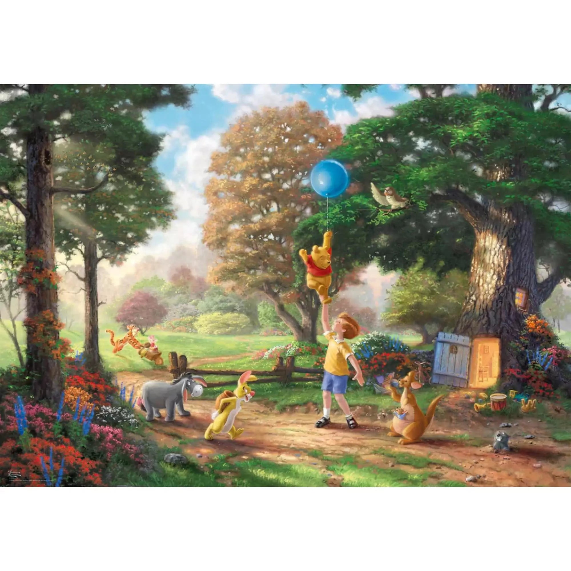 A képen Thomas Kinkade csodálatos illusztrációja látható a Disney Micimackó világából. Micimackó egy kék léggömbbel a magasba emelkedik Róbert Gida segítségével, miközben Tigris, Nyuszi, Füles, Kanga és Zsebibaba vidáman figyelik a jelenetet a napsütötte Százholdas pagonyban. A jelenet melegséget áraszt, tele van élettel, barátsággal és szeretettel.