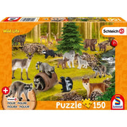 A képen a Schmidt Wild Life - 150 darabos kirakója látható, amely egy élénk erdei jelenetet ábrázol különféle vadállatokkal, mint például mosómedvék, medvék, rókák, farkasok és szarvasok. A kirakóhoz egy ajándék mosómedve figura is tartozik, amely még különlegesebbé teszi a játékélményt a természet szerelmesei számára.