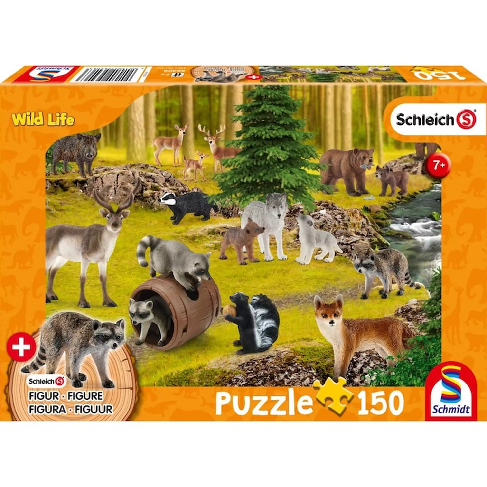 A képen a Schmidt Wild Life - 150 darabos kirakója látható, amely egy élénk erdei jelenetet ábrázol különféle vadállatokkal, mint például mosómedvék, medvék, rókák, farkasok és szarvasok. A kirakóhoz egy ajándék mosómedve figura is tartozik, amely még különlegesebbé teszi a játékélményt a természet szerelmesei számára.