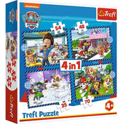 Trefl Mancs Őrjárat 4 az 1-ben puzzle doboza – A termék csomagolása, amely négy különböző méretű Mancs Őrjárat témájú kirakóst tartalmaz.