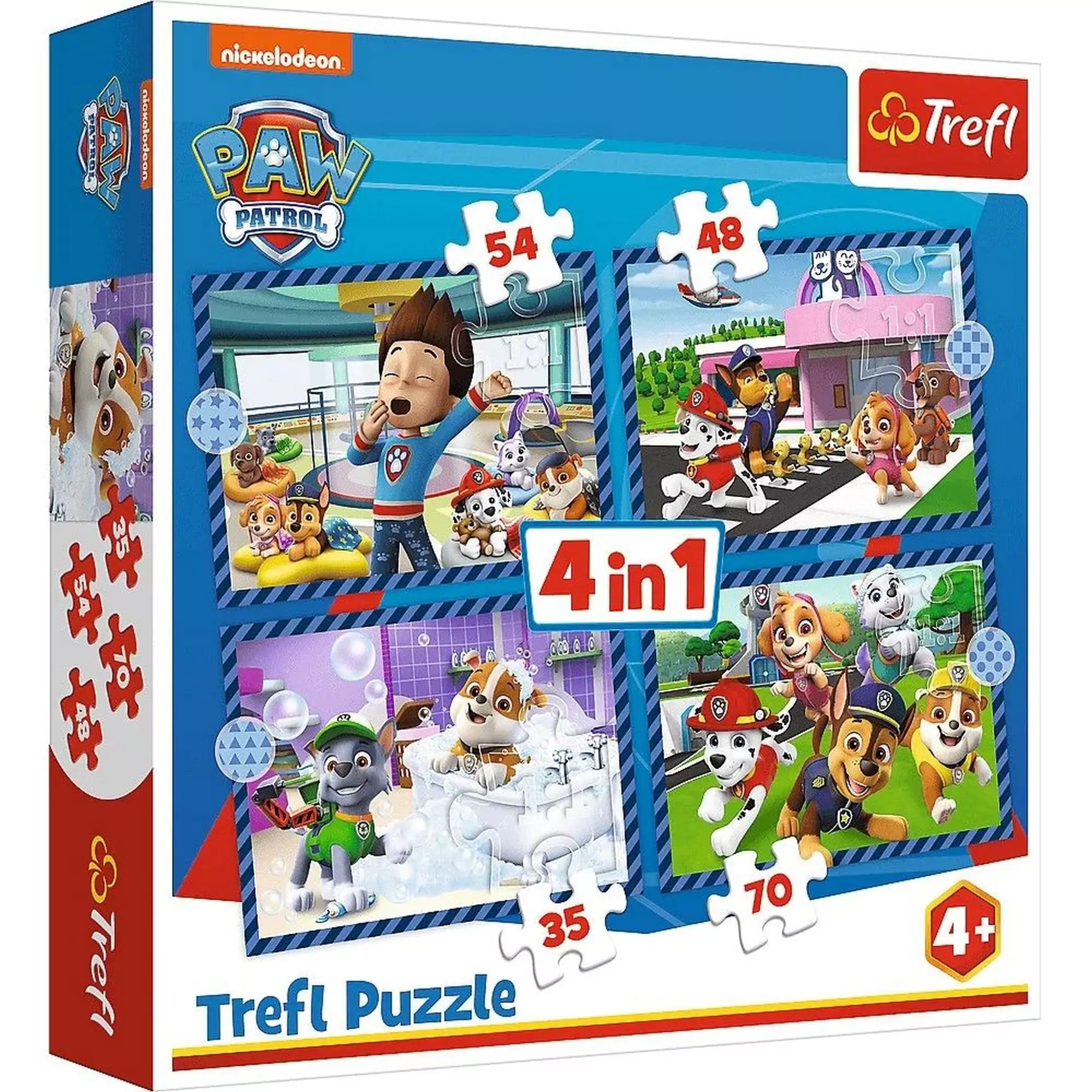 Trefl Mancs Őrjárat 4 az 1-ben puzzle doboza – A termék csomagolása, amely négy különböző méretű Mancs Őrjárat témájú kirakóst tartalmaz.