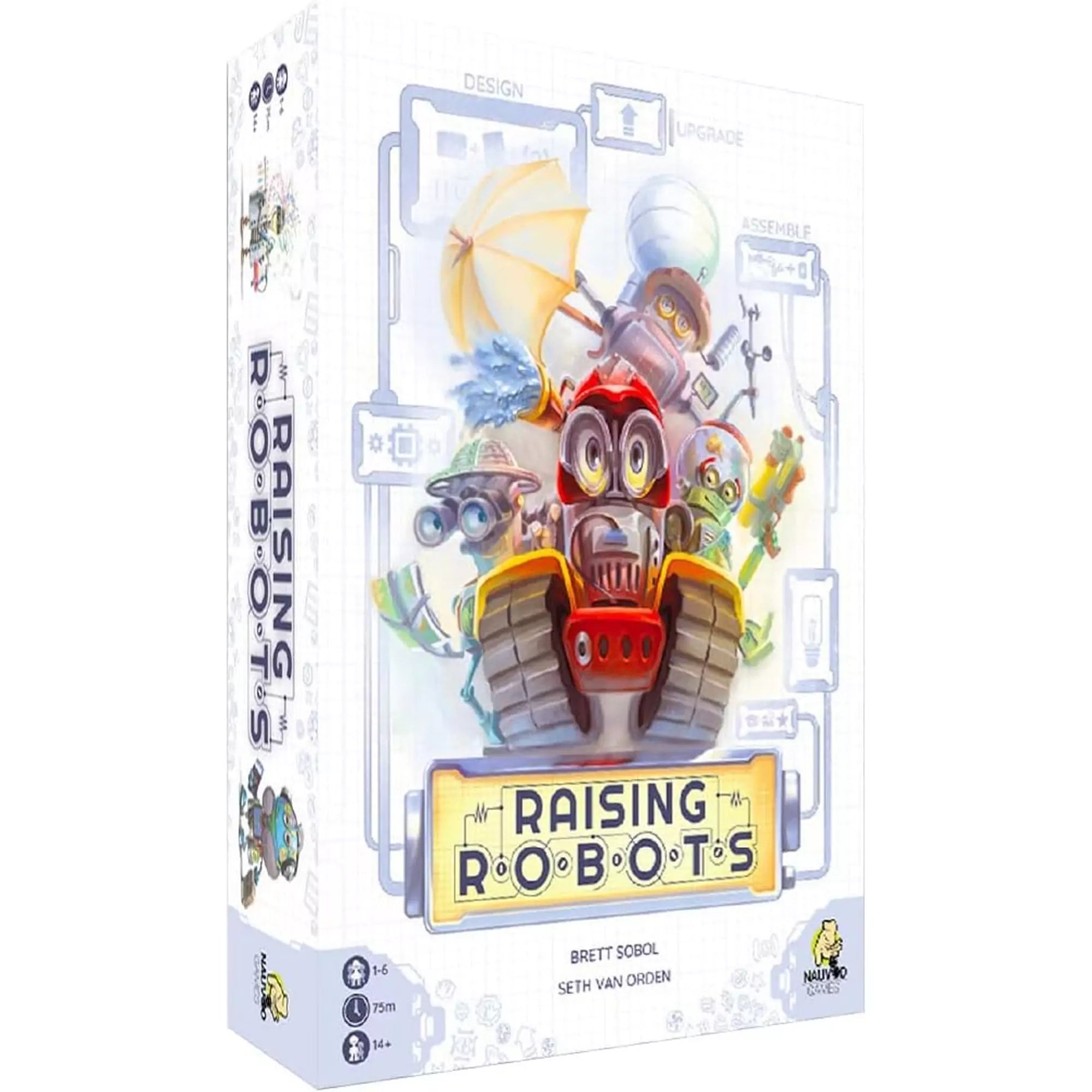 A képen a Raising Robots társasjáték doboza látható. A borítón különböző egyedi és kreatív robotok szerepelnek, amelyeket a játékosok építhetnek és fejleszthetnek. A játék logója futurisztikus dizájnnal jelenik meg, miközben a háttérben műszaki rajzok és tervvázlatok láthatók. A doboz jelzi, hogy a játék 1-6 játékos számára, 14 éves kortól ajánlott, és egy játék körülbelül 75 percig tart.