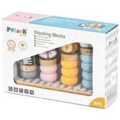 PolarB Stacking Blocks by Viga – a játék doboza elölről, benne a számozott gyűrűkkel és állatfigurákkal ellátott fa rakosgató.