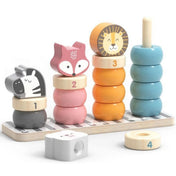 PolarB Stacking Blocks by Viga – fa rakosgatós játék állatos elemekkel, számozott gyűrűkkel és zebrával, rókával, oroszlánnal, jegesmedvével.