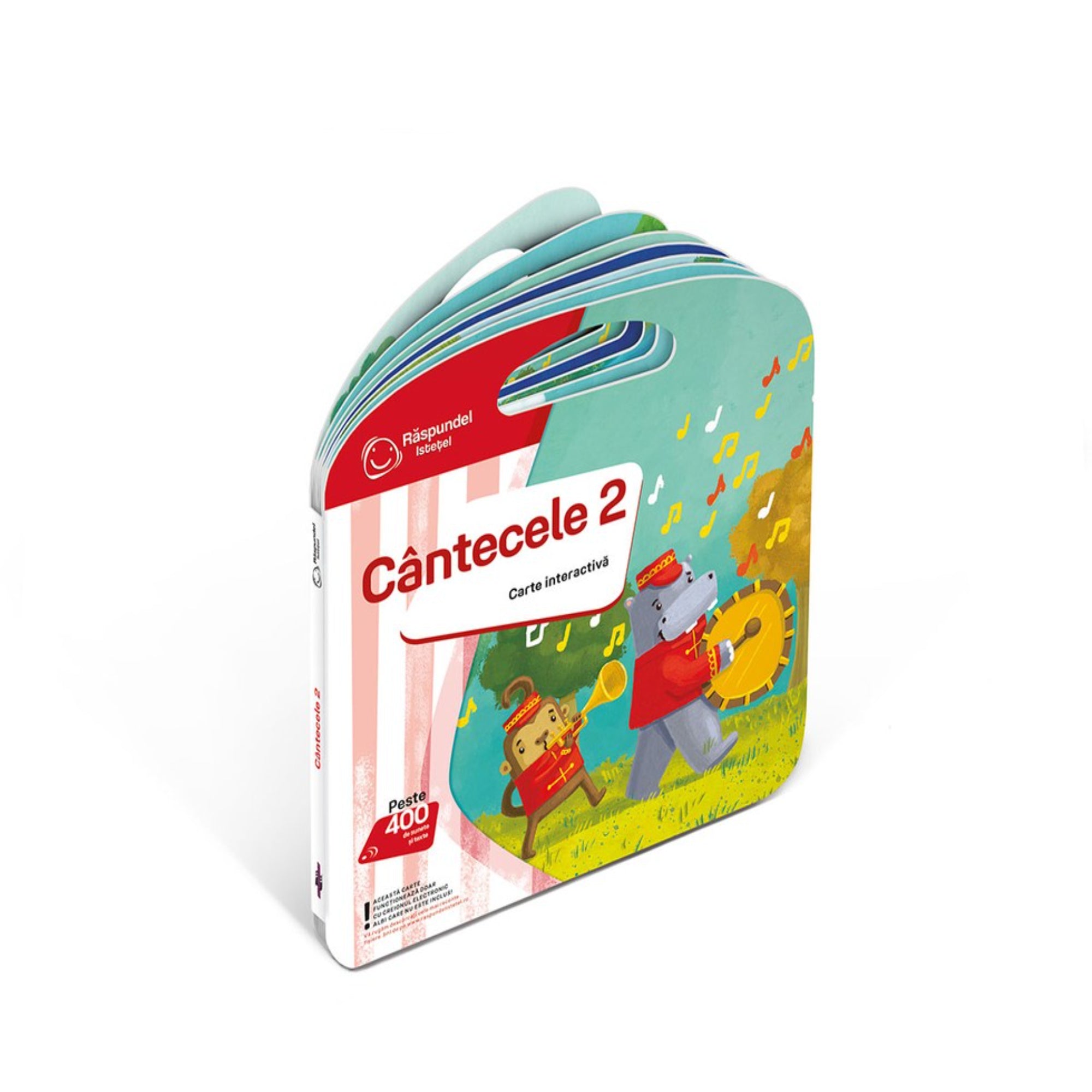 A „Cântecele 2” interaktív könyv vastag, lekerekített lapokkal és beépített fogantyúval, borítóján zenélő állatokkal, köztük majommal és vízilóval.