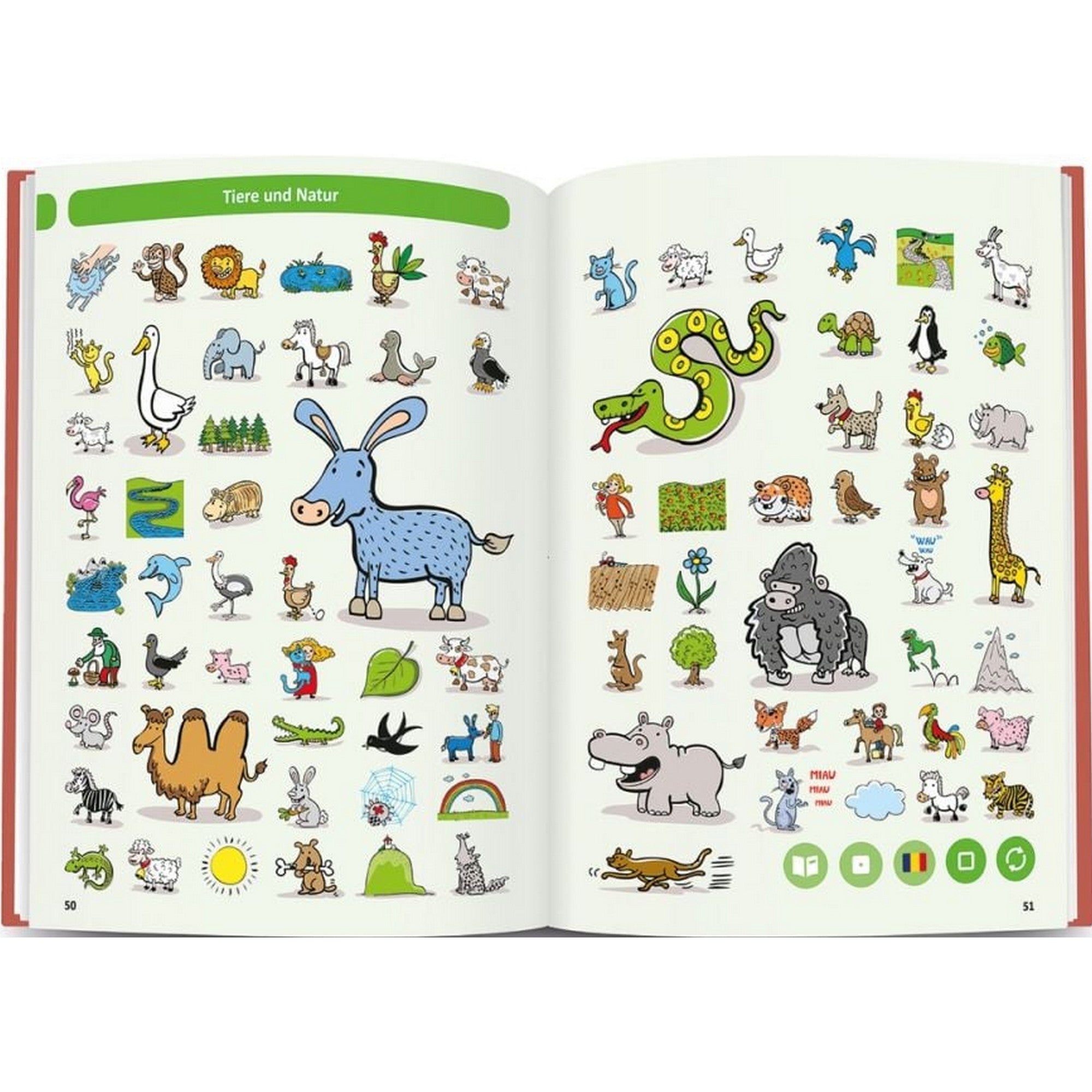 Dictionar interactiv German-Român belső oldalpár színes állat- és természetrajzokkal, szókincsfejlesztő illusztrációkkal.