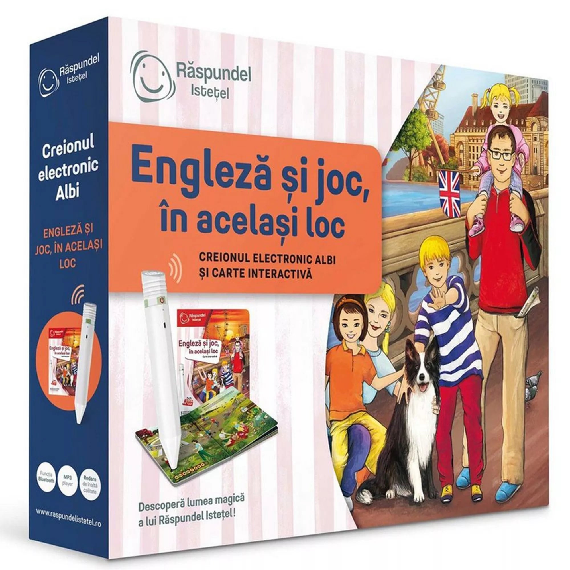 Răspundel Istetel – Engleză și joc, în același loc doboz vidám illusztrációval és interaktív tollal.