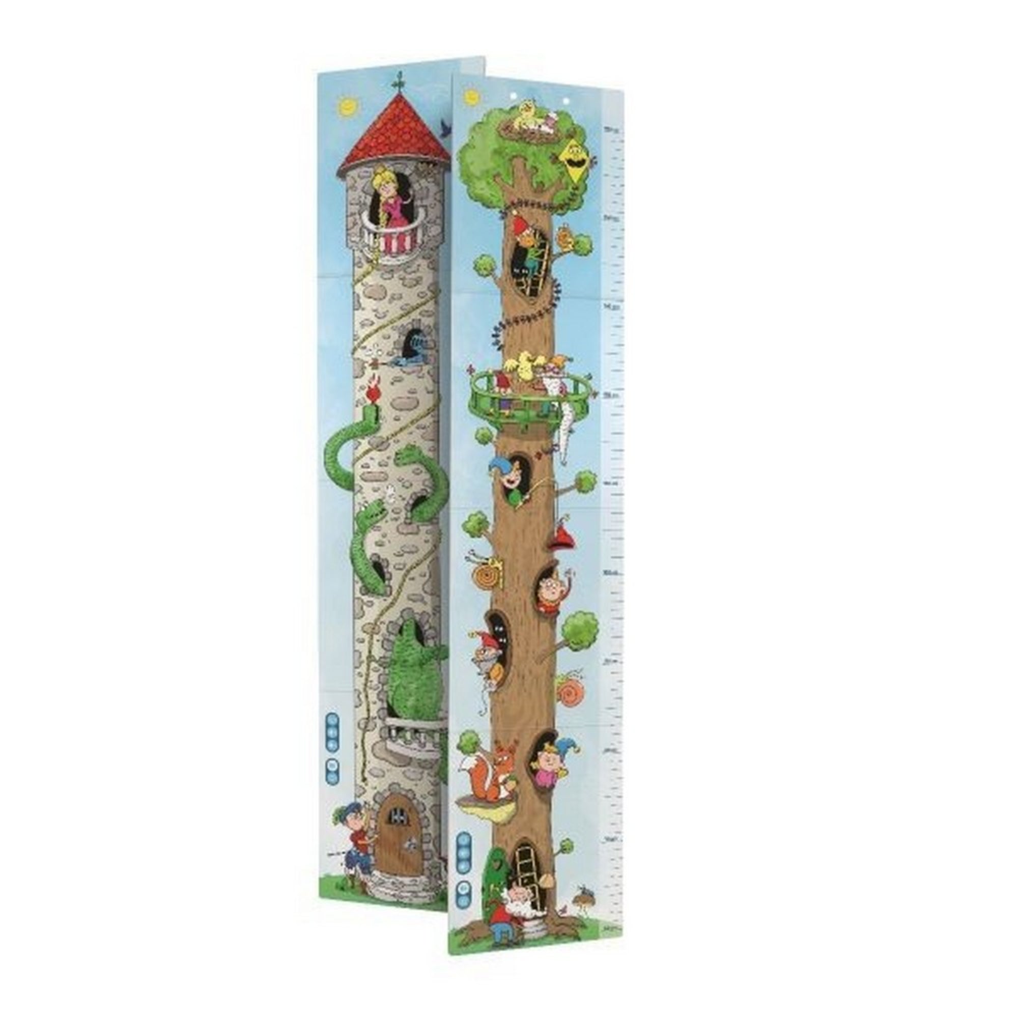 Răspundel Istetel – Metru pentru copii interaktív falimérő: Színes, mesefigurákkal díszített Răspundel Istetel falimérő, amely vártorony és fa motívumokat ábrázol, játékosan segítve a gyermekek magasságmérését.