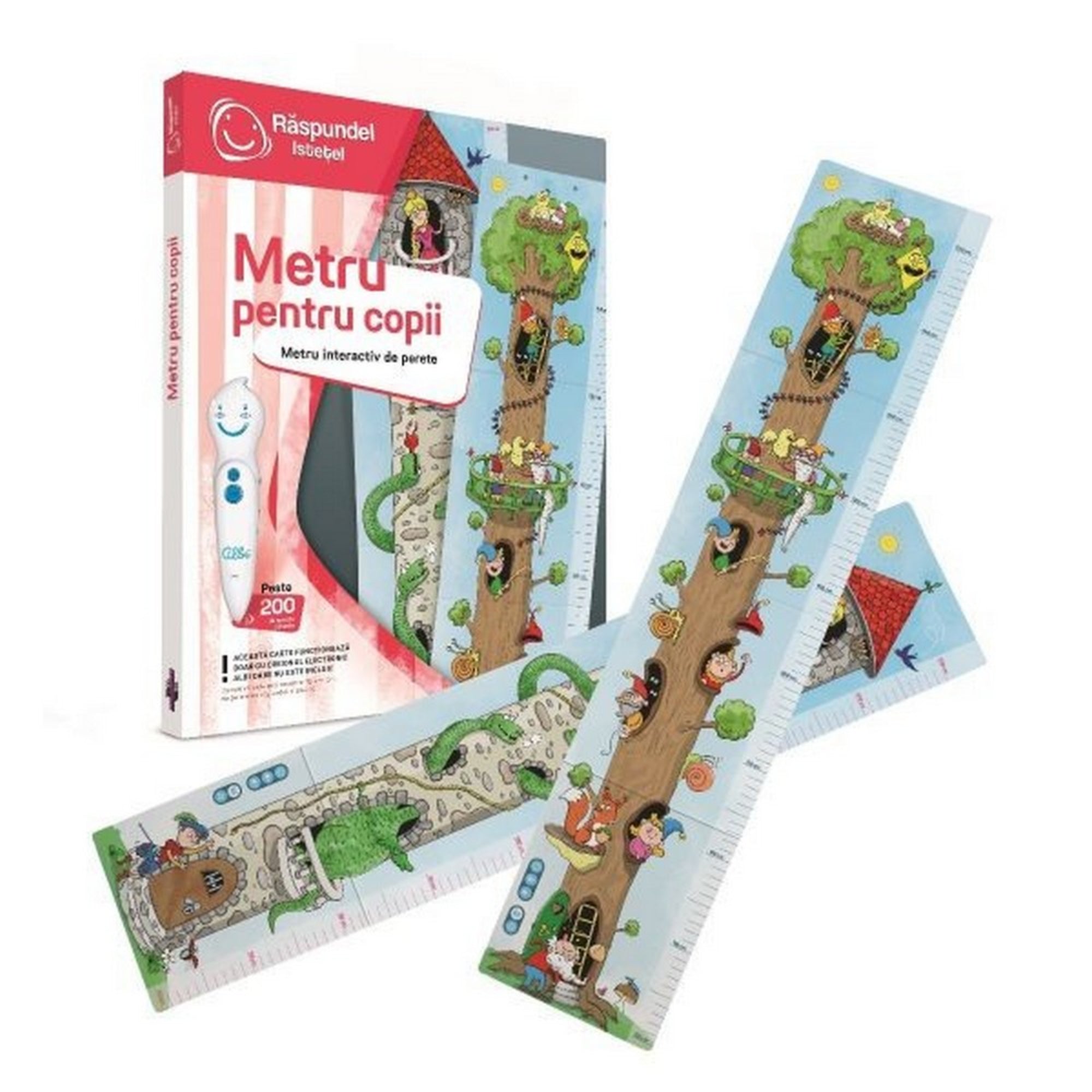 Răspundel Istetel – Metru pentru copii mérőszalag és csomagolása: A Răspundel Istetel „Metru pentru copii” interaktív falimérő kicsomagolva és a csomagolás mellett, rajzfilmhősökkel és vidám jelenetekkel illusztrálva.