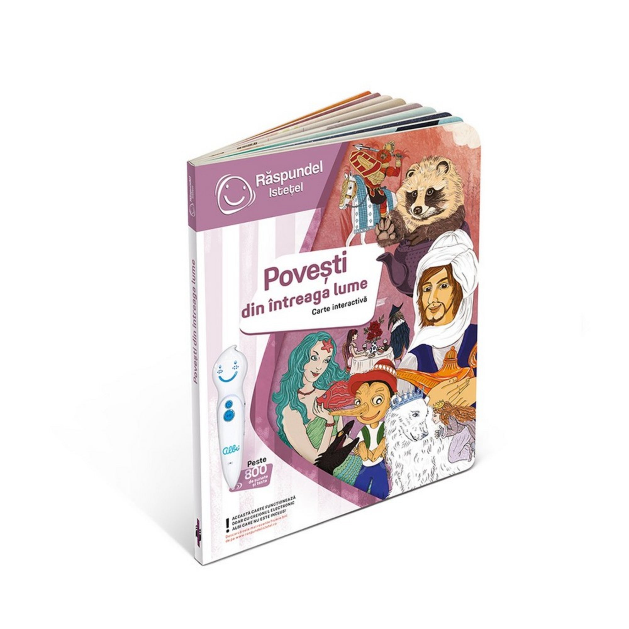 Răspundel Istetel – Povești din întreaga lume könyv oldalnézetből: Színes, vastag lapos interaktív mesekönyv, híres történetek szereplőivel és Albi tollal.