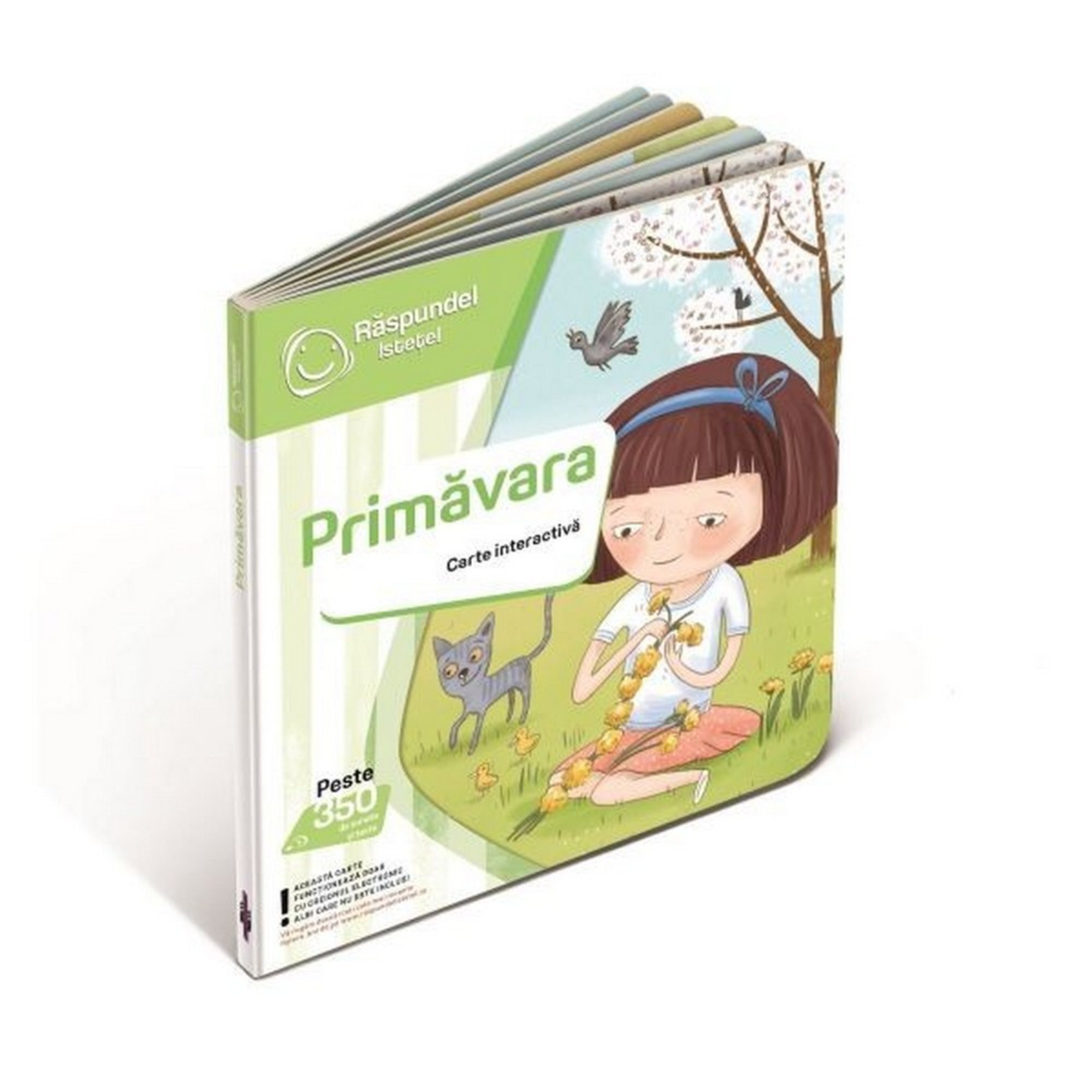 Răspundel Istetel – Primăvara interaktív könyv borító: A tavaszi témájú interaktív könyv borítóján egy kislány pitypangokból fűz koszorút, mellette cica és kismadarak.