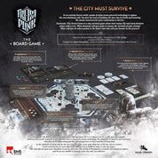 A Frostpunk: The Board Game társasjáték részletes bemutatója, amely a játéktáblát, a központi generátort, különböző modulokat, jelölőket és kártyákat mutatja be, valamint szöveges leírást ad a játékmenet fő elemeiről, mint például a remény fenntartása, törvények hozatala és a város építése.