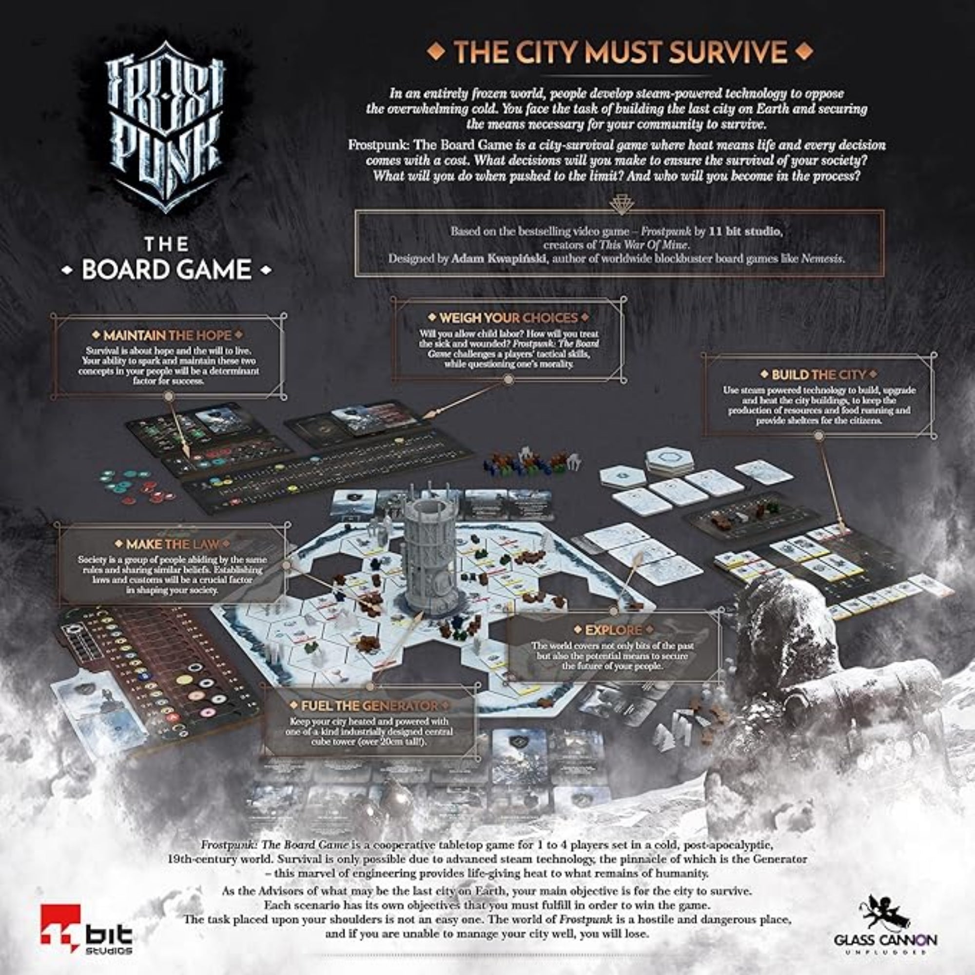 A Frostpunk: The Board Game társasjáték részletes bemutatója, amely a játéktáblát, a központi generátort, különböző modulokat, jelölőket és kártyákat mutatja be, valamint szöveges leírást ad a játékmenet fő elemeiről, mint például a remény fenntartása, törvények hozatala és a város építése.