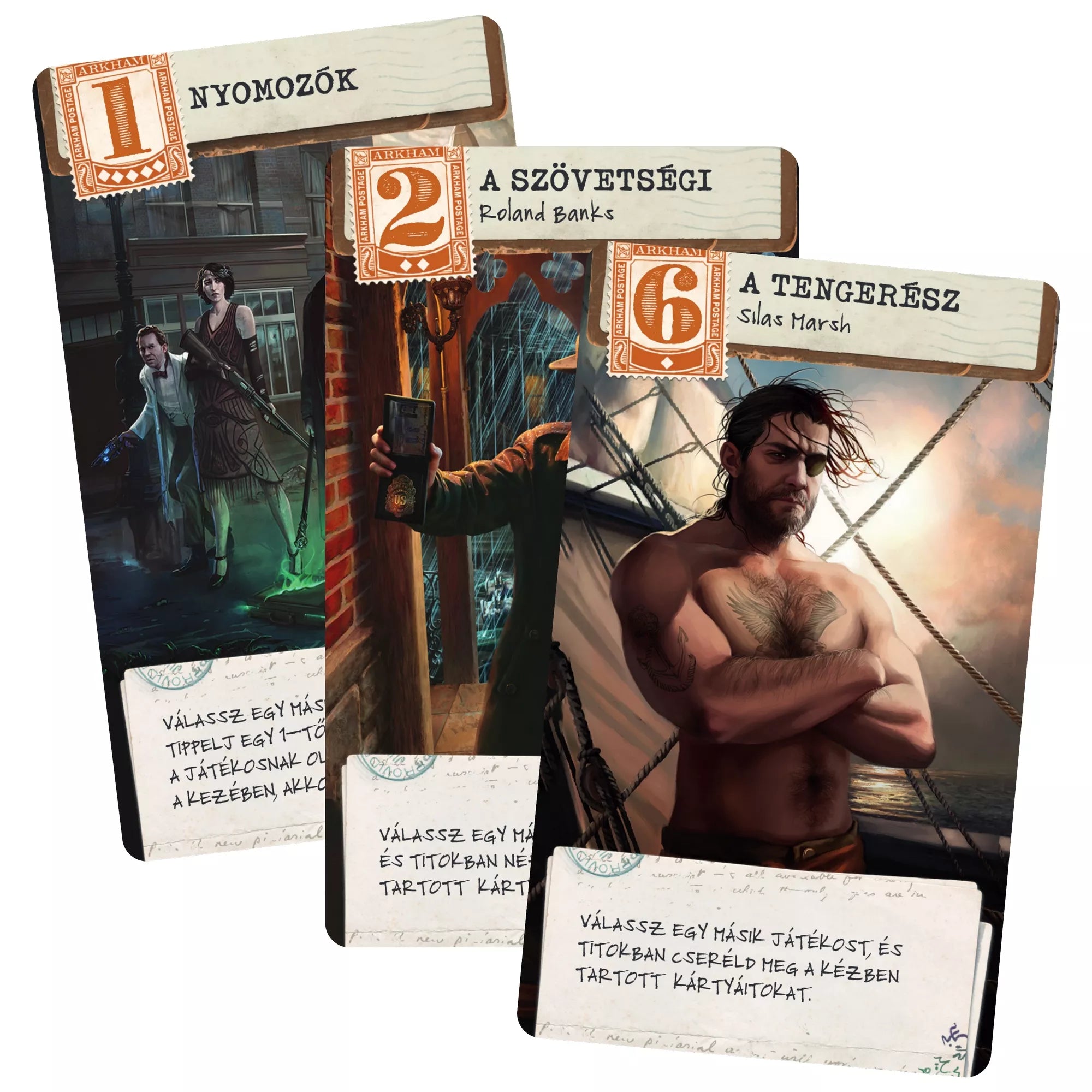 Rettegés Arkhamban: Lovecraft Levél karakterkártyák, nyomozók, szövetségi ügynök és tengerész lapok részletes grafikával