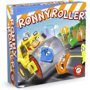 Ronny Roller társasjáték doboza: a borítón egy sárga úthenger látható, amellyel Ronny épp színes, vicces figurákat próbál elgázolni – izgalmas és mókás játékélményt ígér.