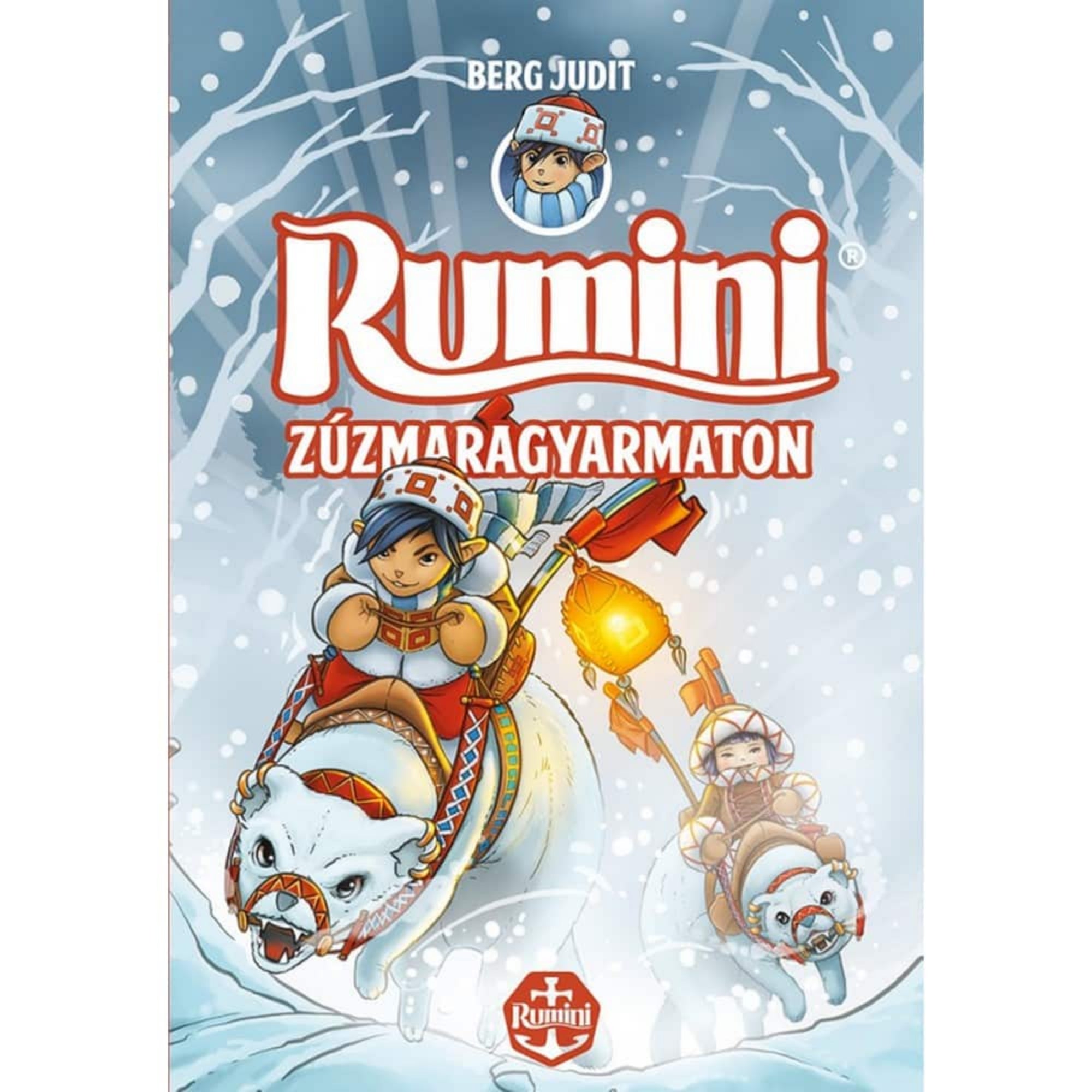 A „Rumini Zúzmaragyarmaton” című Berg Judit-könyv borítója. A havas, jeges tájon Rumini prémes ruhában vágtázik egy fehér medvén, kezében zászlóval. Mellette egy másik szereplő szintén medvén lovagol, lámpást tartva. A háttérben hófödte fák és sűrű hóesés látható, a jelenet izgalmas, téli kalandot idéz.