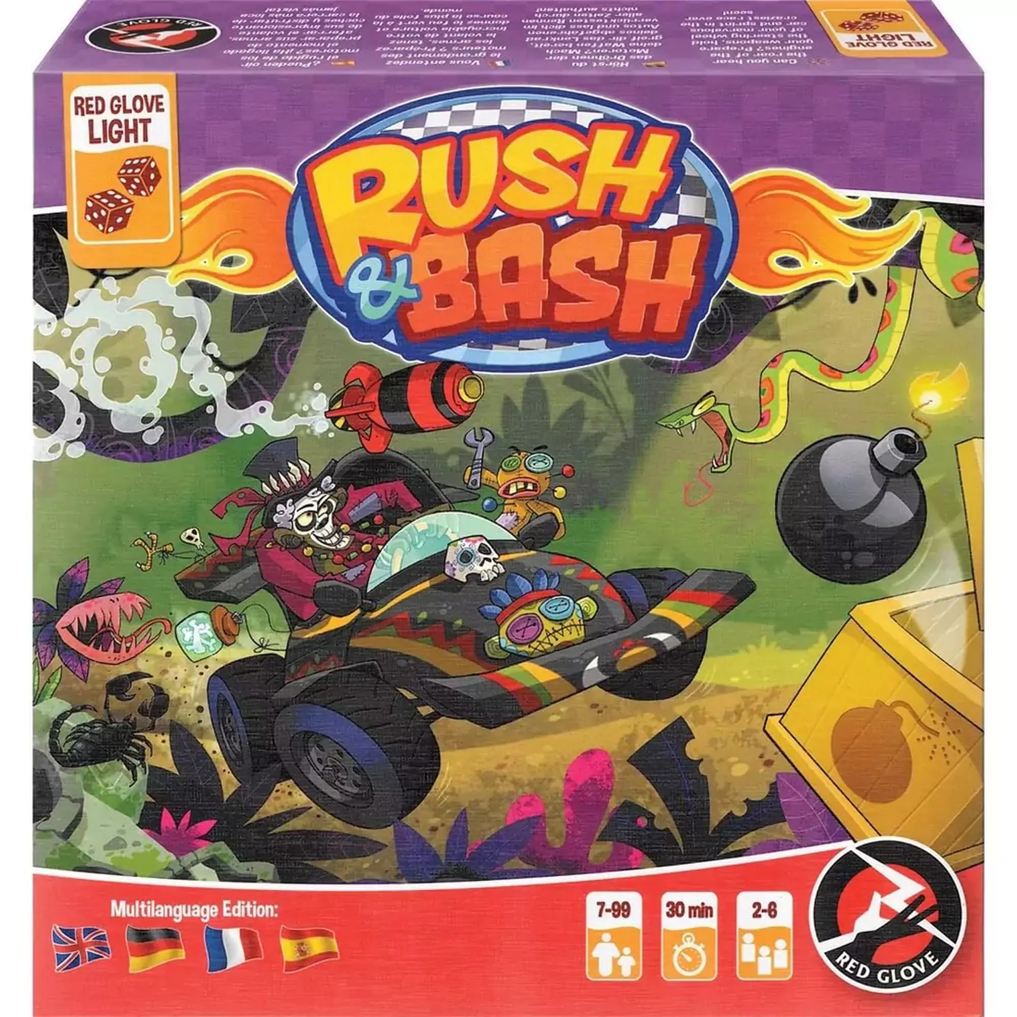 Rush and Bash társasjáték doboza, színes és dinamikus borítójával, a versenyautókkal és a veszélyes akadályokkal.