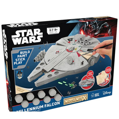 Macheta de asamblat, Wood WorX - Star Wars - Millennium Falcon, cu 80+ piese din lemn + vopsea, pensula si adeziv inclus