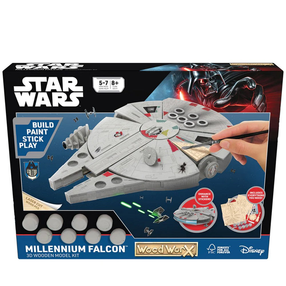 Macheta de asamblat, Wood WorX - Star Wars - Millennium Falcon, cu 80+ piese din lemn + vopsea, pensula si adeziv inclus