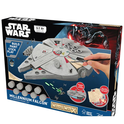 Macheta de asamblat, Wood WorX - Star Wars - Millennium Falcon, cu 80+ piese din lemn + vopsea, pensula si adeziv inclus