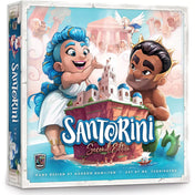 Santorini Second Edition társasjáték doboza, vidám isteneket és a híres fehér-kék kupolás épületeket ábrázoló illusztrációval.