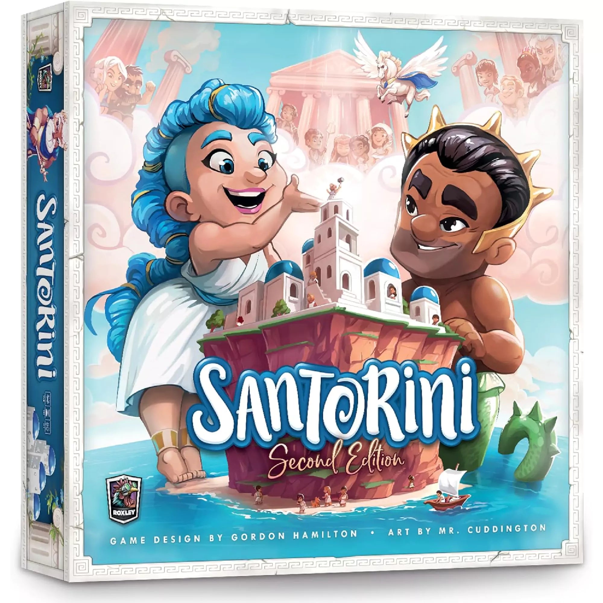 Santorini Second Edition társasjáték doboza, vidám isteneket és a híres fehér-kék kupolás épületeket ábrázoló illusztrációval.