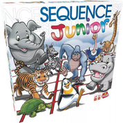 Sequence Junior társasjáték doboza, amelyen vidám állatok, például elefánt, zebra, tigris, pingvin és zsiráf láthatók, színes és gyerekbarát grafikával. Ideális szórakozás gyerekeknek és családoknak.