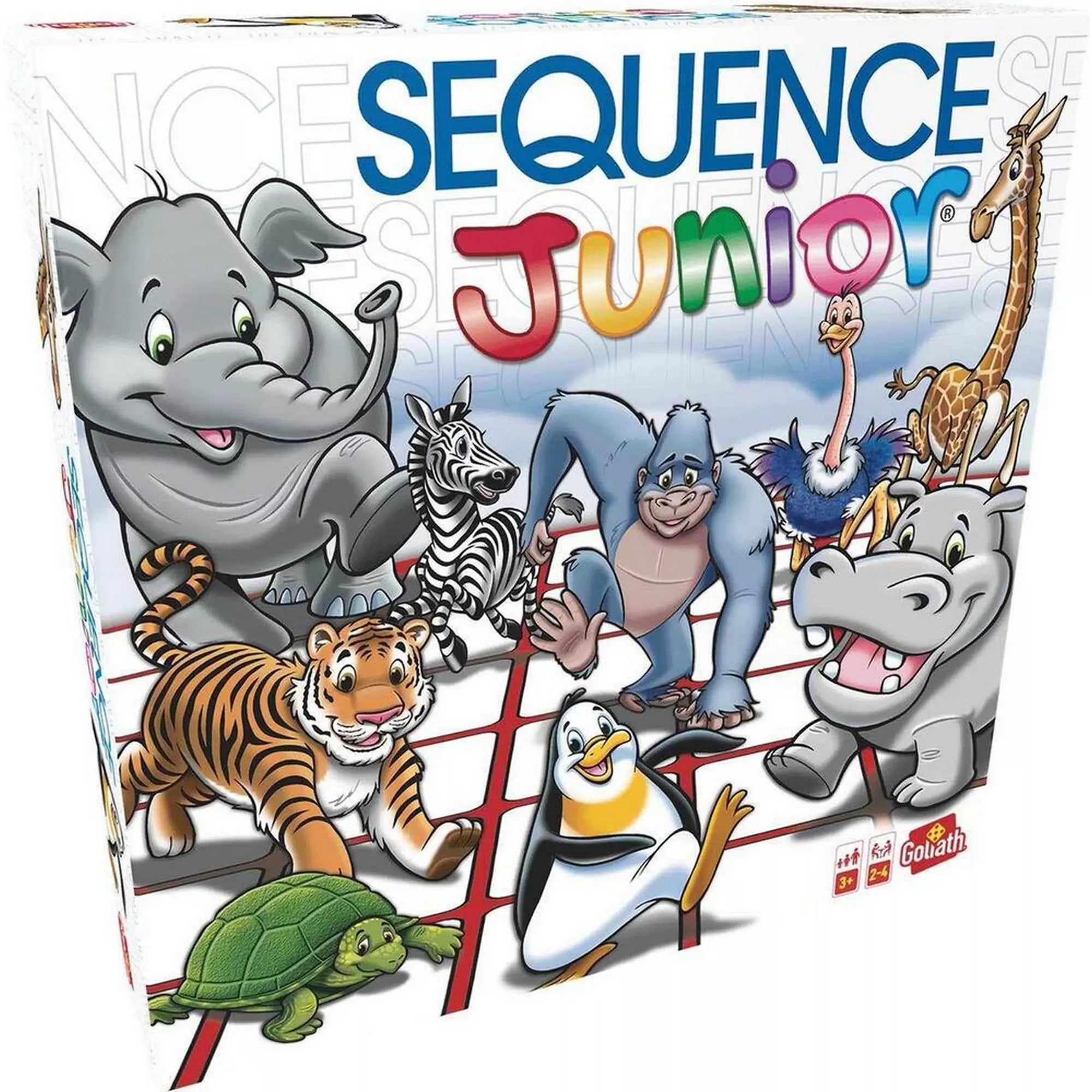 Sequence Junior társasjáték doboza, amelyen vidám állatok, például elefánt, zebra, tigris, pingvin és zsiráf láthatók, színes és gyerekbarát grafikával. Ideális szórakozás gyerekeknek és családoknak.