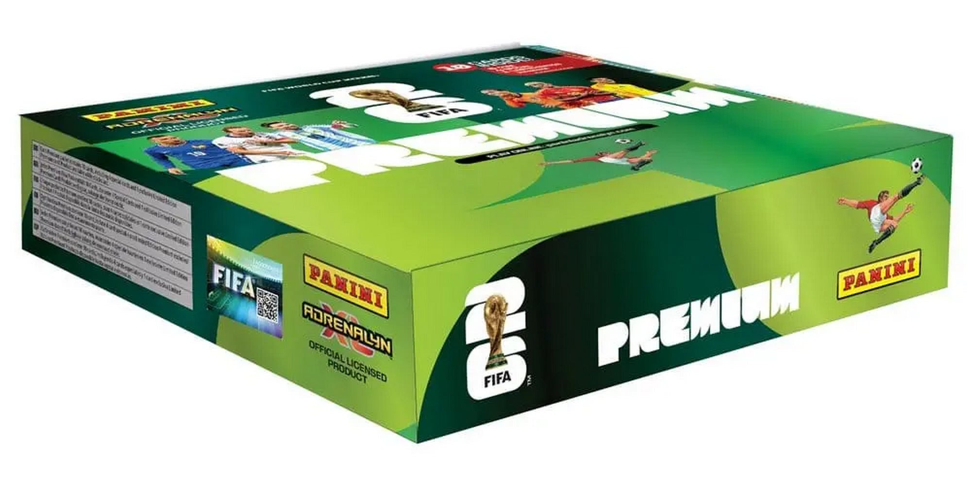 Panini FIFA World Cup 2026 Adrenalyn XL Premium Pocket gyűjtőkártya doboz 10 csomaggal, zöld világbajnoki csomagolással és futballsztárokat ábrázoló grafikával