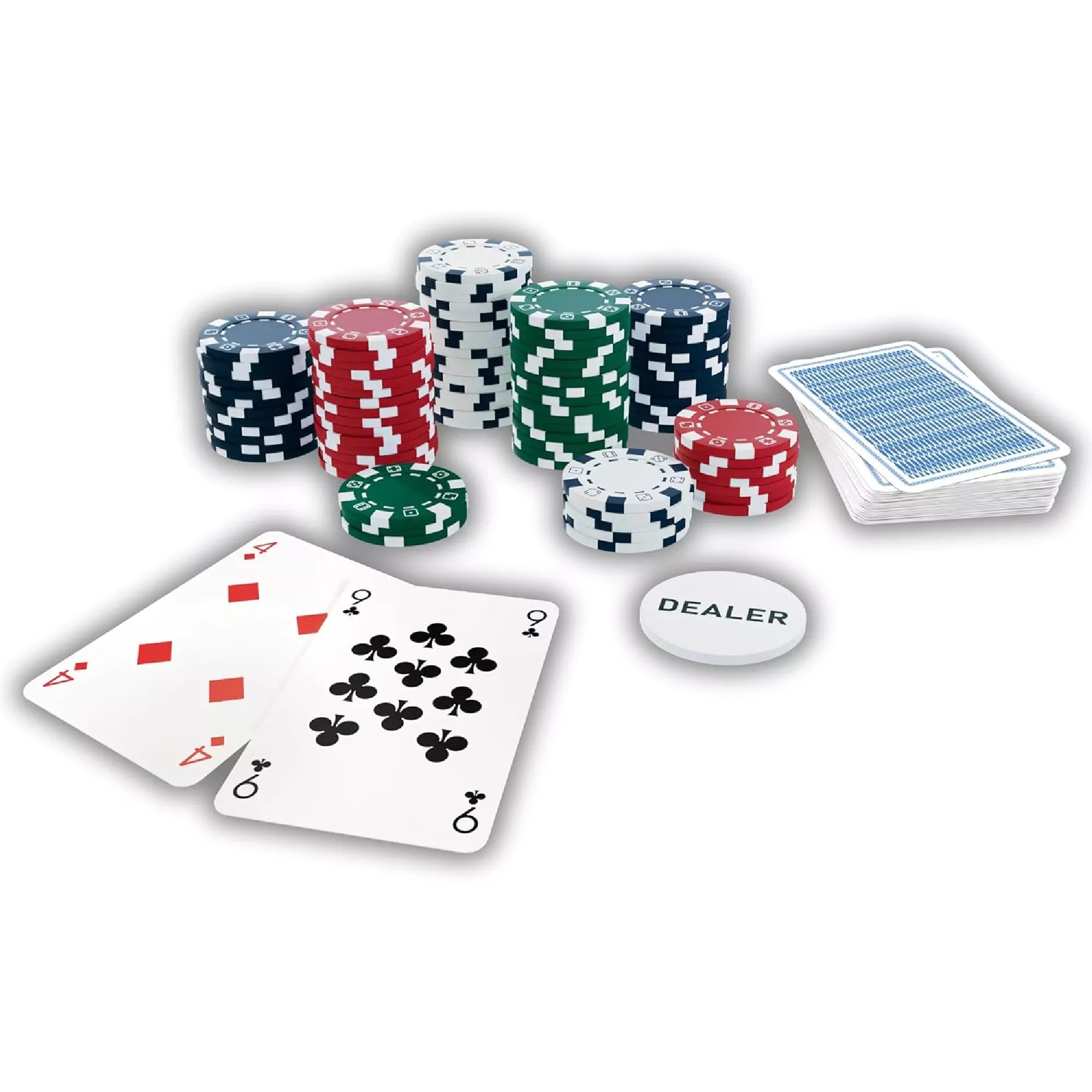 300 darabos Poker Set tartozékai: színes zsetonok különböző kupacokban, két leosztott játékkártya, pakli kék hátlapú kártya és egy „DEALER” jelölő korong fehér háttéren.