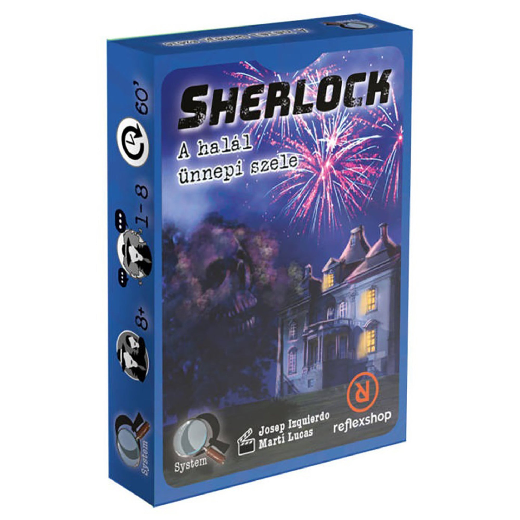 Sherlock – A halál ünnepi szele” társasjáték sötétkék doboza, amelyen egy kivilágított kastély és tűzijáték látható, a háttérben koponyaszerű árnyék rajzolódik ki.