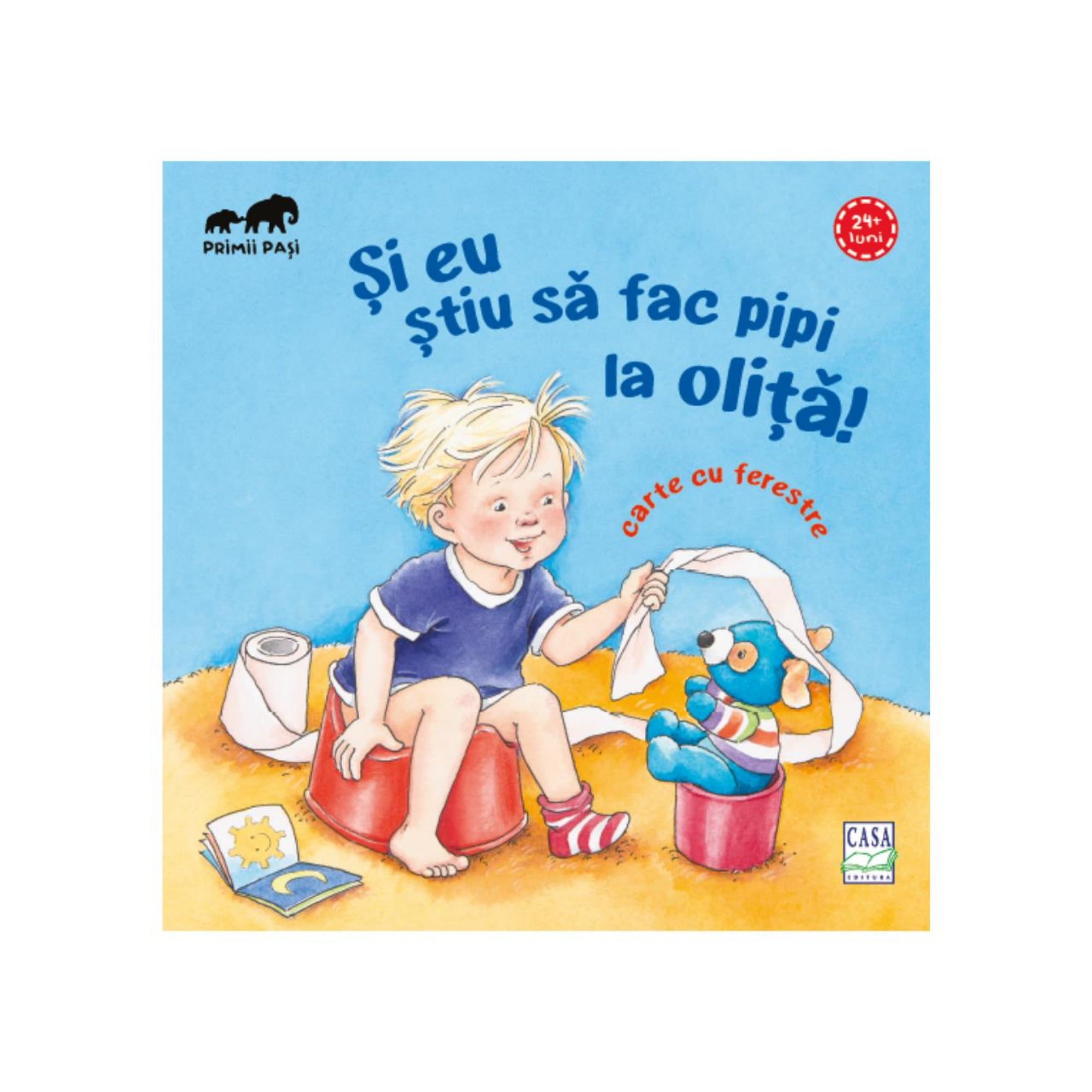 „Și eu știu să fac pipi la oliță!” román nyelvű gyerekkönyv borítója, amelyen egy szőke kisgyerek piros bilire ülve játszik, miközben egy plüssmaci is biliben ül mellette, WC-papírral a kezében.