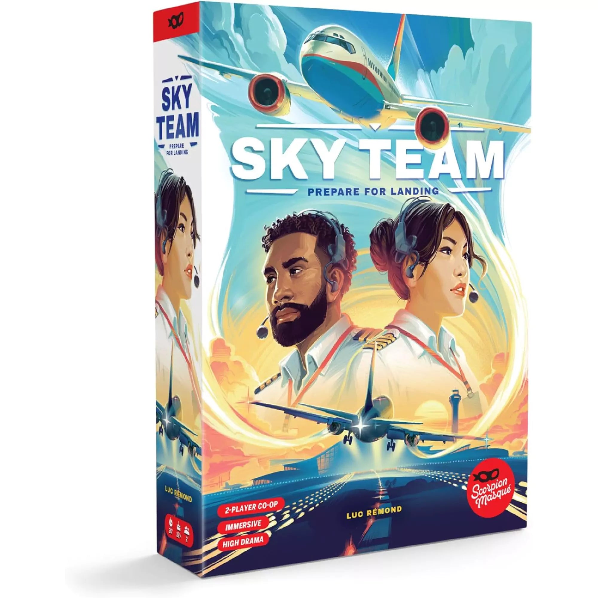 Sky Team társasjáték doboza, pilótákat ábrázoló illusztrációval és egy nagy utasszállító repülőgéppel a háttérben.
