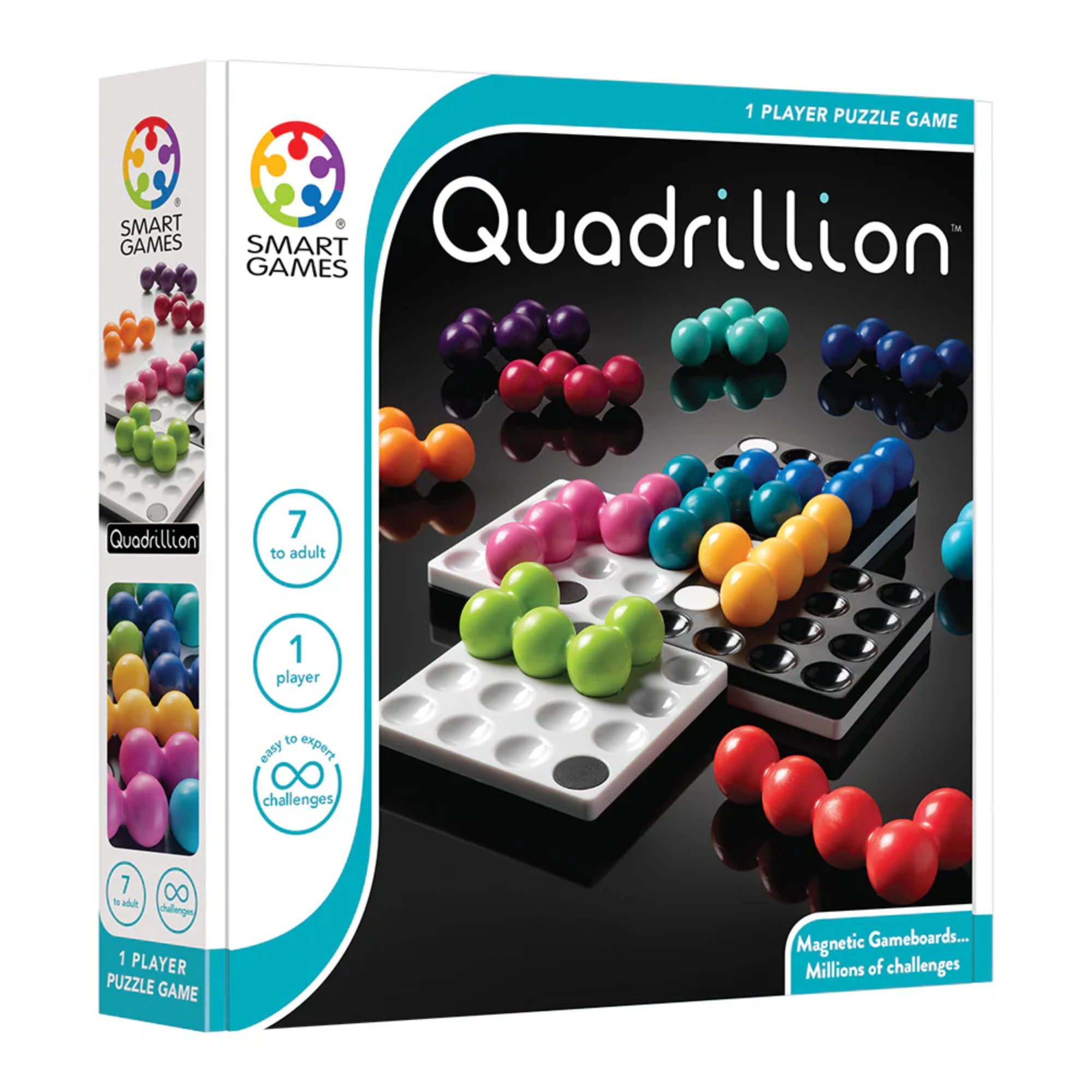 A képen a Smart Games Quadrillion logikai játék doboza látható, amely modern, letisztult dizájnnal hívja fel magára a figyelmet. A dobozon jól látható a játék különlegessége: a négy mágneses játéktábla és a színes, golyókból álló kirakóelemek. A "7 éves kortól felnőttig" felirat jelzi, hogy ez a játék szórakoztató kihívást jelent minden korosztály számára. A doboz alján az "1 játékos" ikon hangsúlyozza, hogy ez egy egyéni logikai játék. 