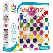 Smart Games – Anti-Virus Original logikai játék doboza, színes korongos játéktáblával és a „Move the red virus out of the system!” felirattal.